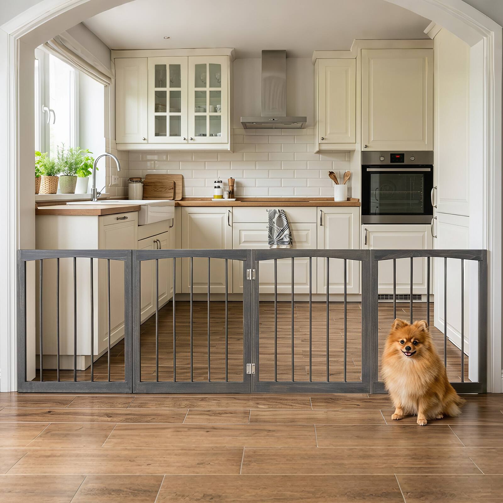 Alt View 4. Gymax - Gymax 83'' L x 30'' H Dog Gate 4-Panel Wooden Pet Fence for Indoor Stairs Doorway Gray - Gray.