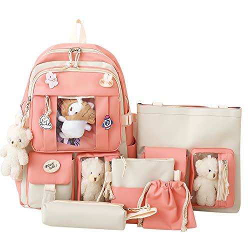 Cozy Serene - 5-piece Aesthetic Backpack Set With Pin And Pendants Accessories Nylon Material | Durable & Adorable - Pink