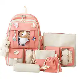 Cozy Serene - 5-piece Aesthetic Backpack Set With Pin And Pendants Accessories Nylon Material | Durable & Adorable - Pink