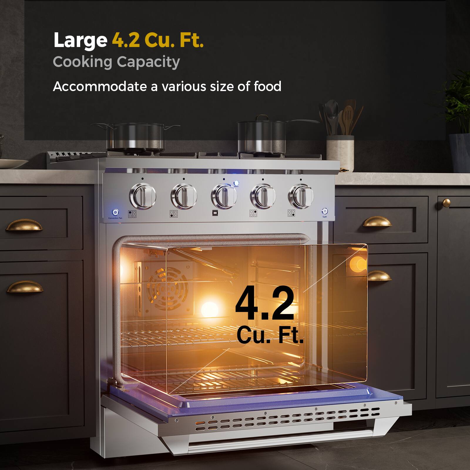 Large 4.2 Cu. Ft. Cooking Capacity Accommodate a various size of food. - 4.2 Cu. Ft.