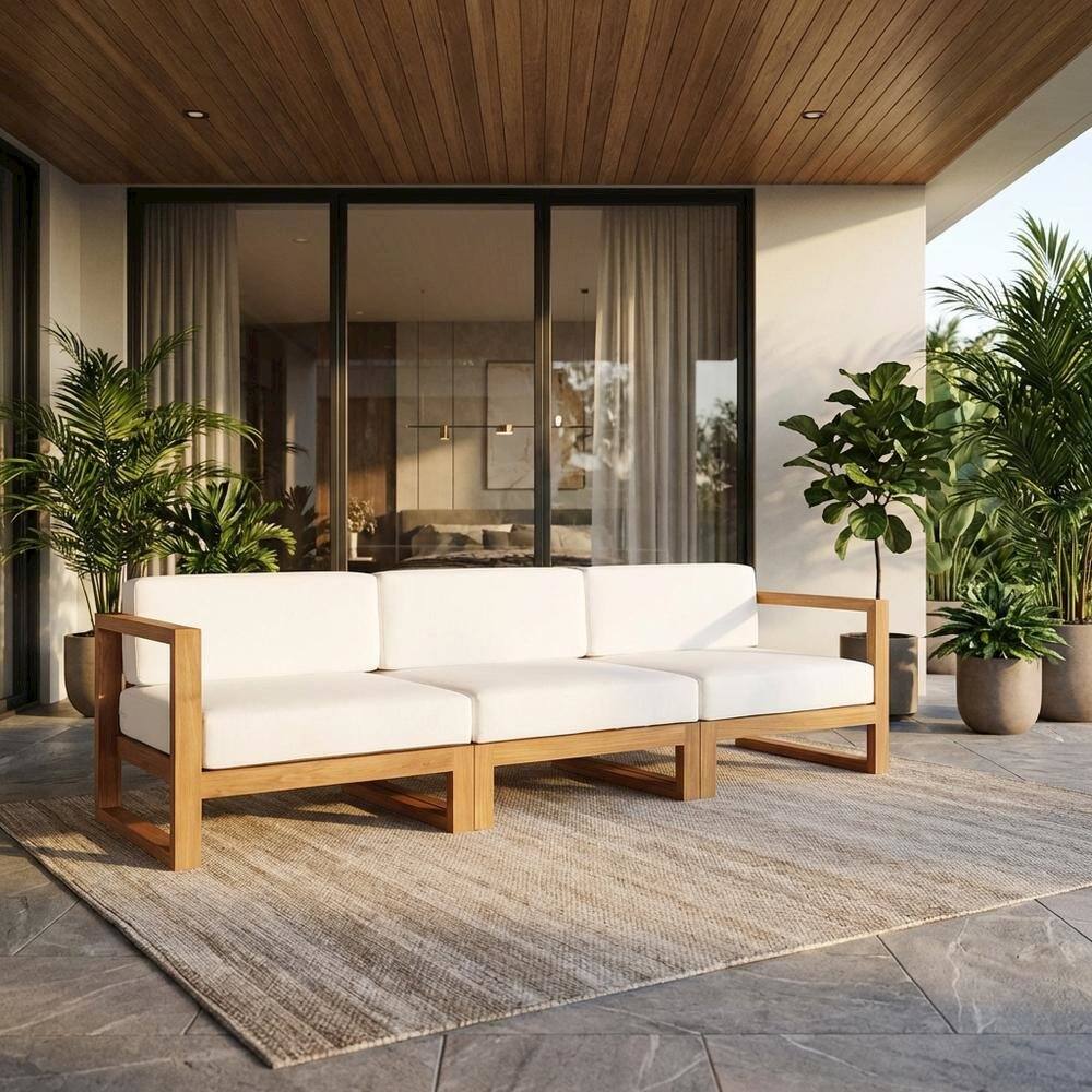 Angle. Outdoor Escape - Outdoor Patio Teak Wood Sectional Sofa Set in Finish for Garden and Porch - White.