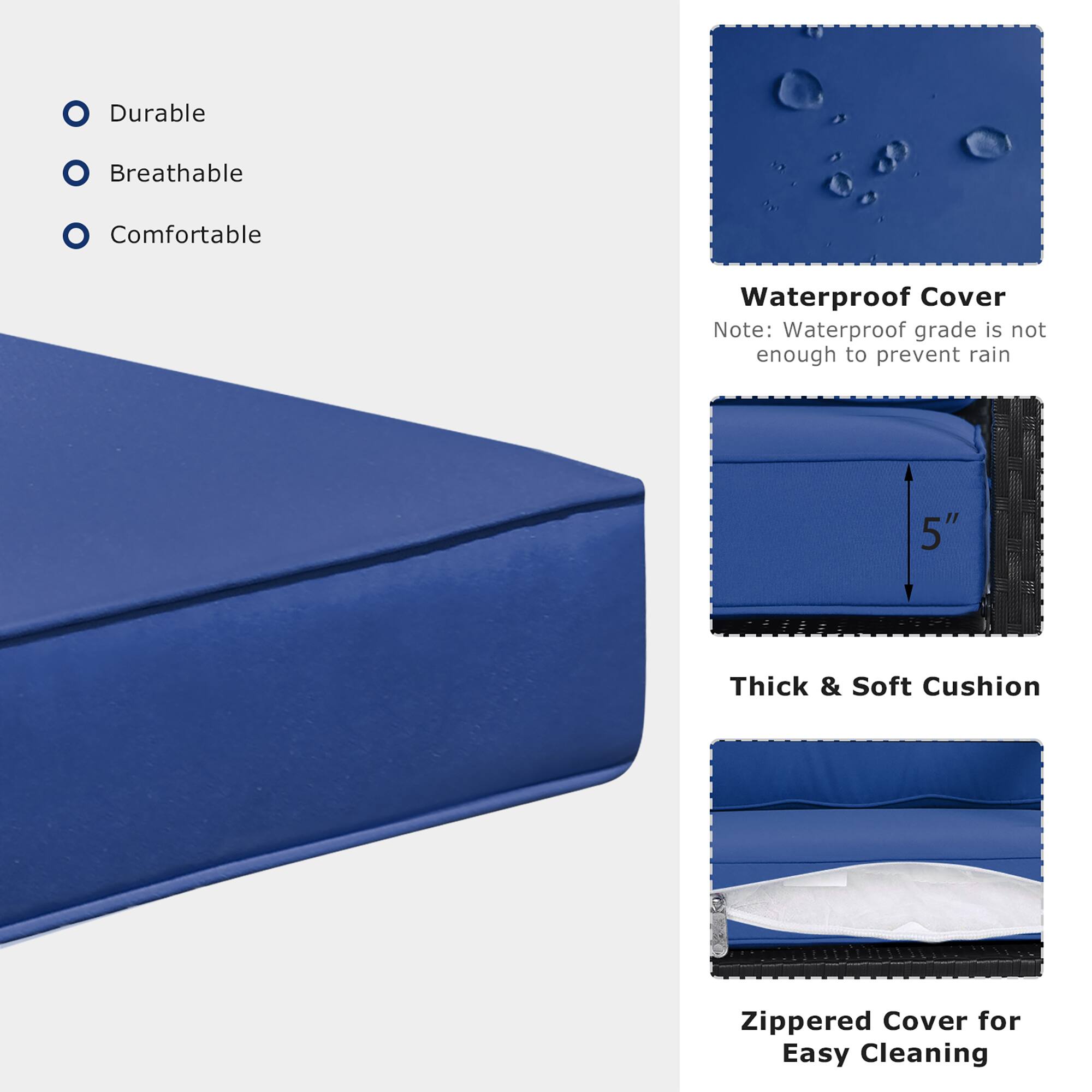 Durable, Breathable, Comfortable, Waterproof Cover, Note: Waterproof grade is not enough to prevent rain, 5", Thick & Soft Cushion, Zippered Cover for Easy Cleaning
