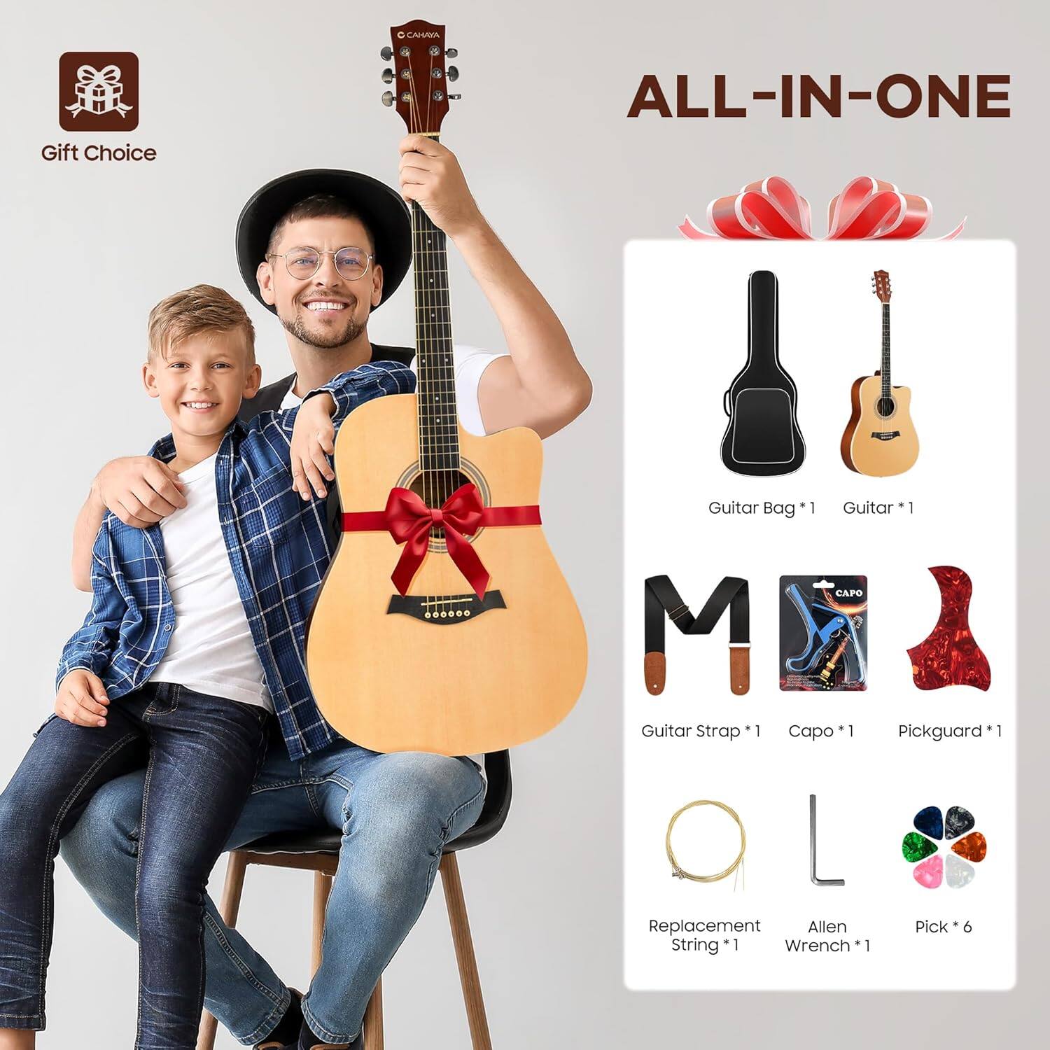 O CASS Gift Choice ALL-IN-ONE  
Guitar Bag *1  
Guitar *1  
Guitar Strap *1  
Capo *1  
Pickguard *1  
Replacement String *1  
Allen Wrench *1  
Pick *6
