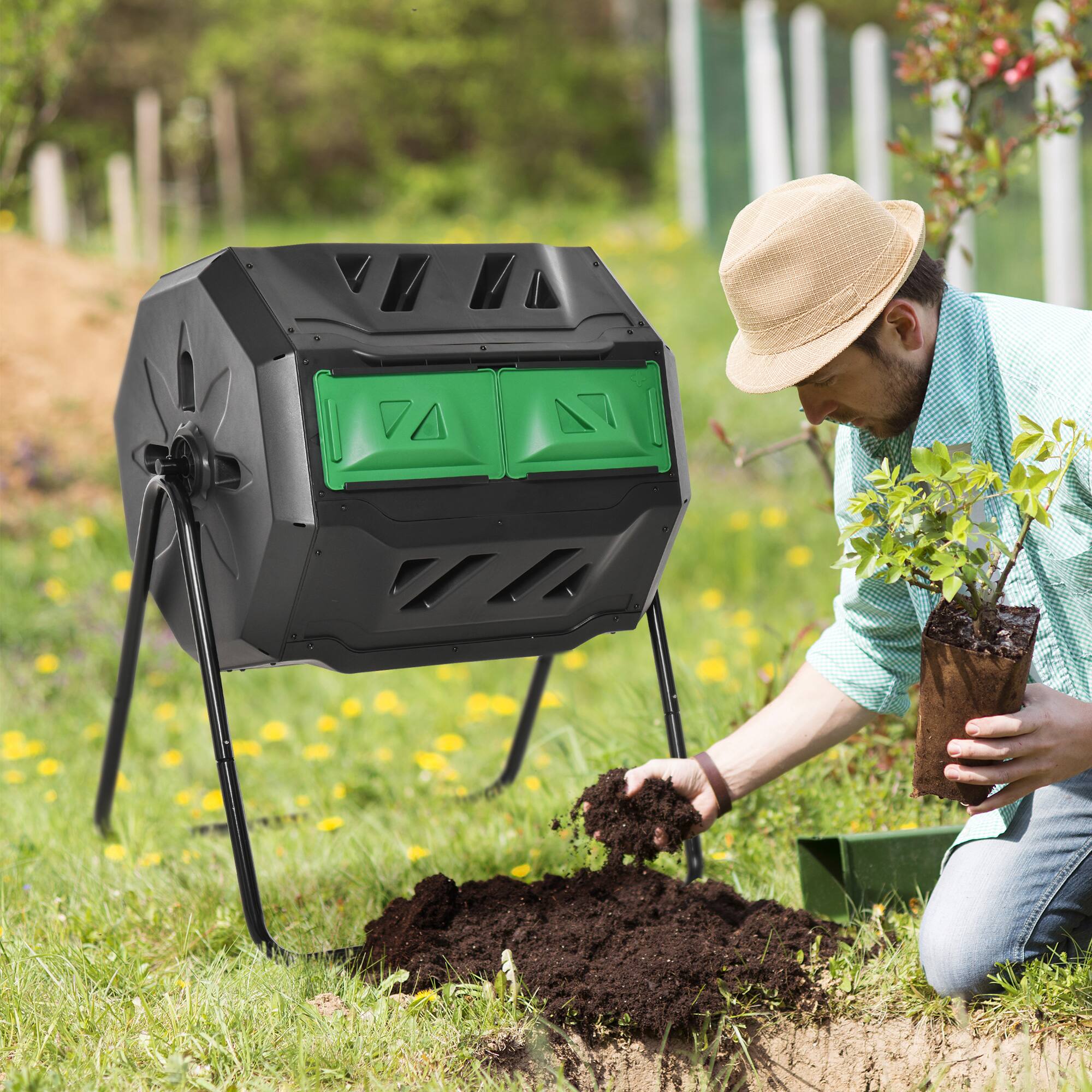 Alt View 1. Outsunny - Tumbling Compost Bin Outdoor 360° Dual Chamber Rotating Composter 43 Gallon - Green.