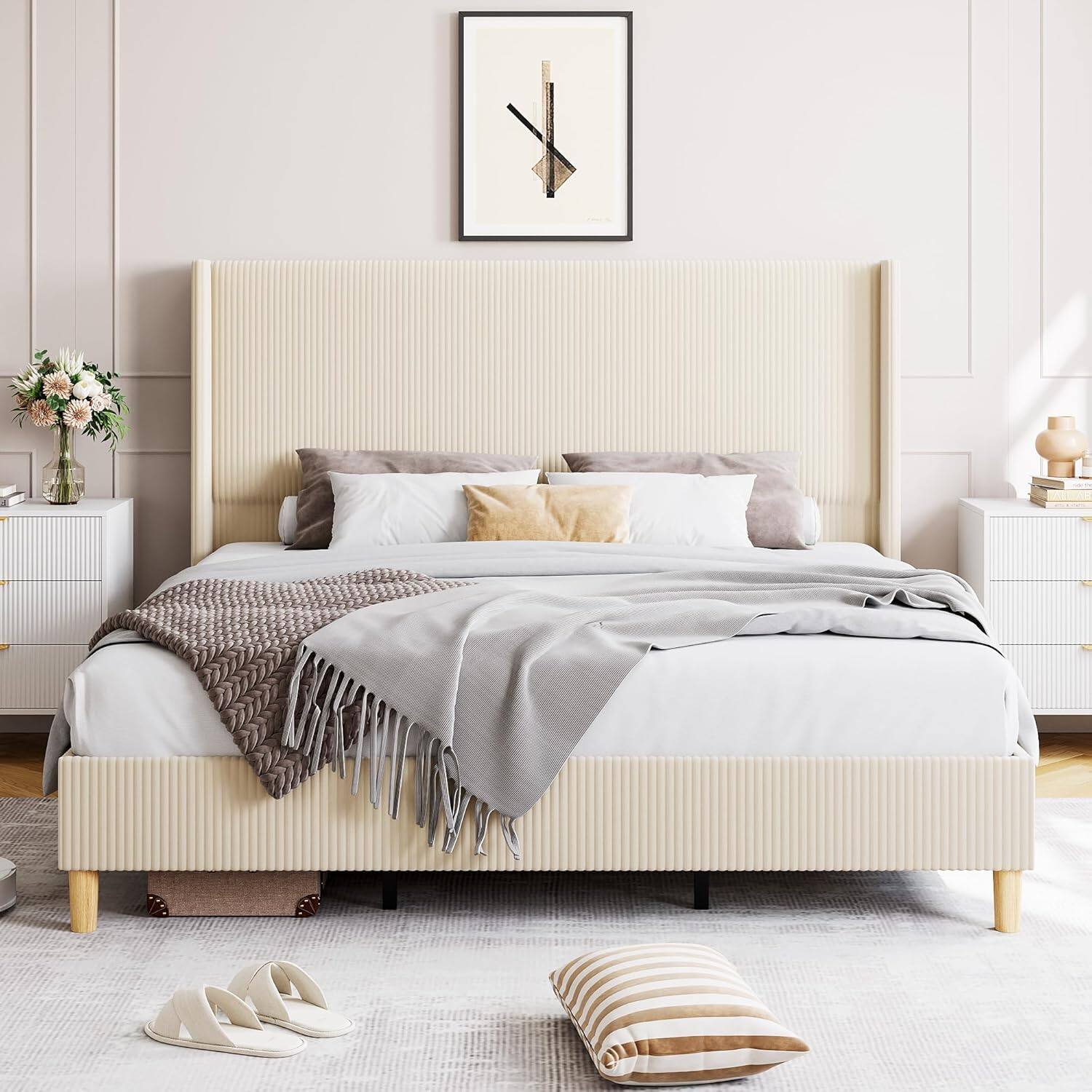 Alt View 5. GARVEE - King Size Corduroy Upholstered Platform Bed Frame with 51" Wingback Headboard, Vertical Stripes, Wooden Slats, Beige - Beige.
