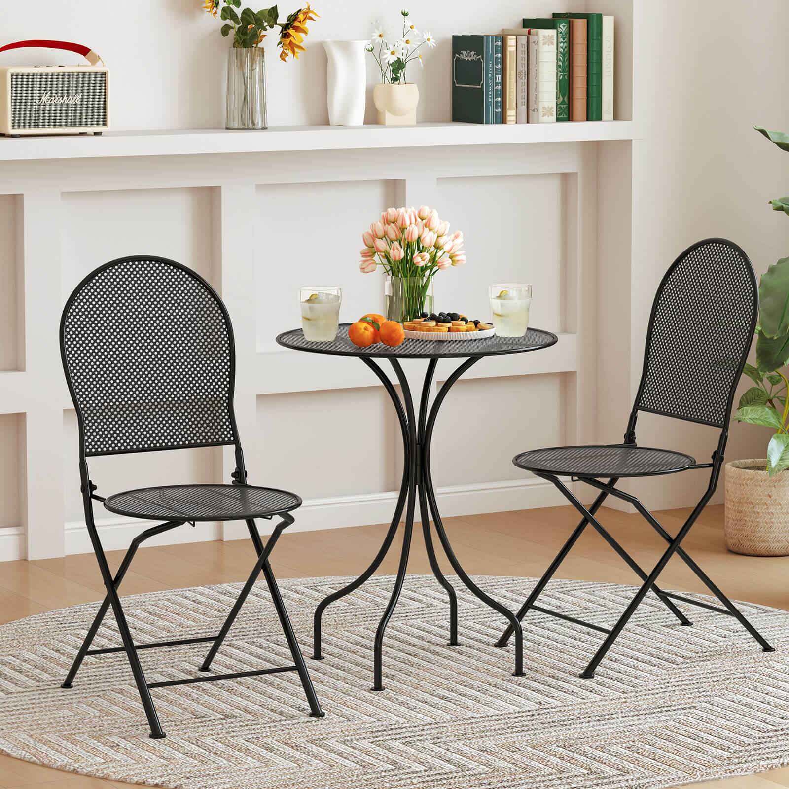 Alt View 4. Costway - Costway 3 PCS Metal Bistro Set Round Table & 2 Folding Chairs with Rattan-Like Pattern - Black.