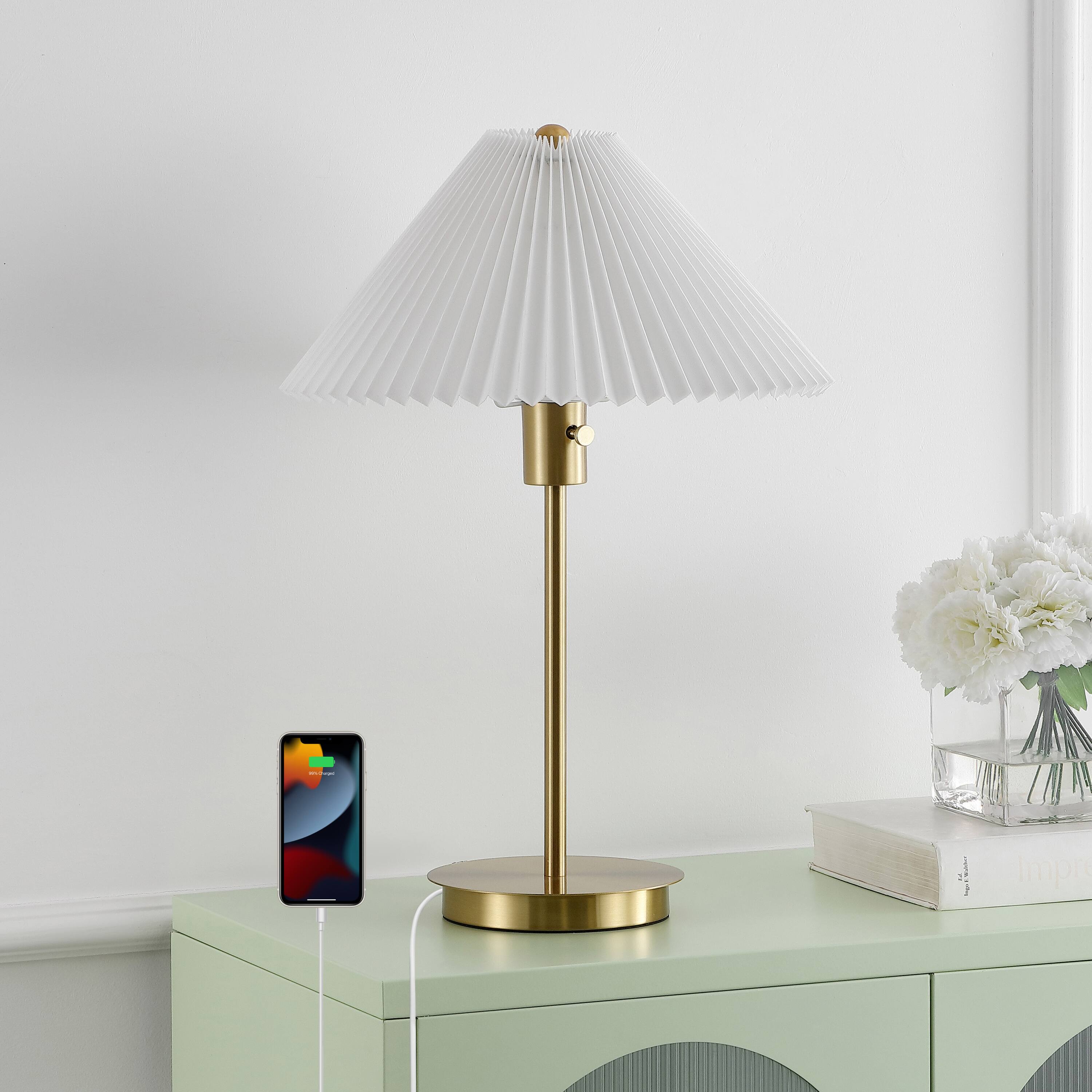 Alt View 4. Jonathan Y - Freida 21.25" Modern Glam Metal Column LED Table Lamp with USB Charging Port and Pleated Shade, Brass Gold/White - Brass Gold.