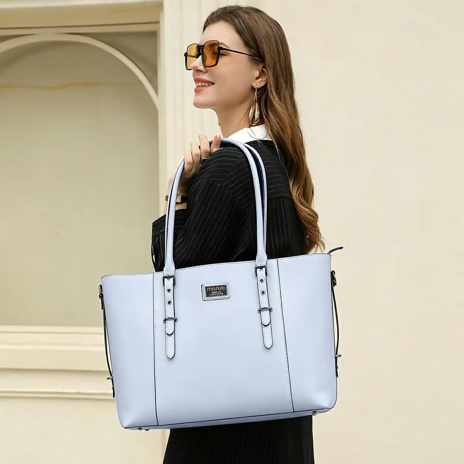 Alt View 3. mosiso - Waterproof PU Leather Laptop Bag for Women 17.3 Inch, Vintage Briefcase Shoulder Tote Computer Bag for Work & Office - Sky Blue.