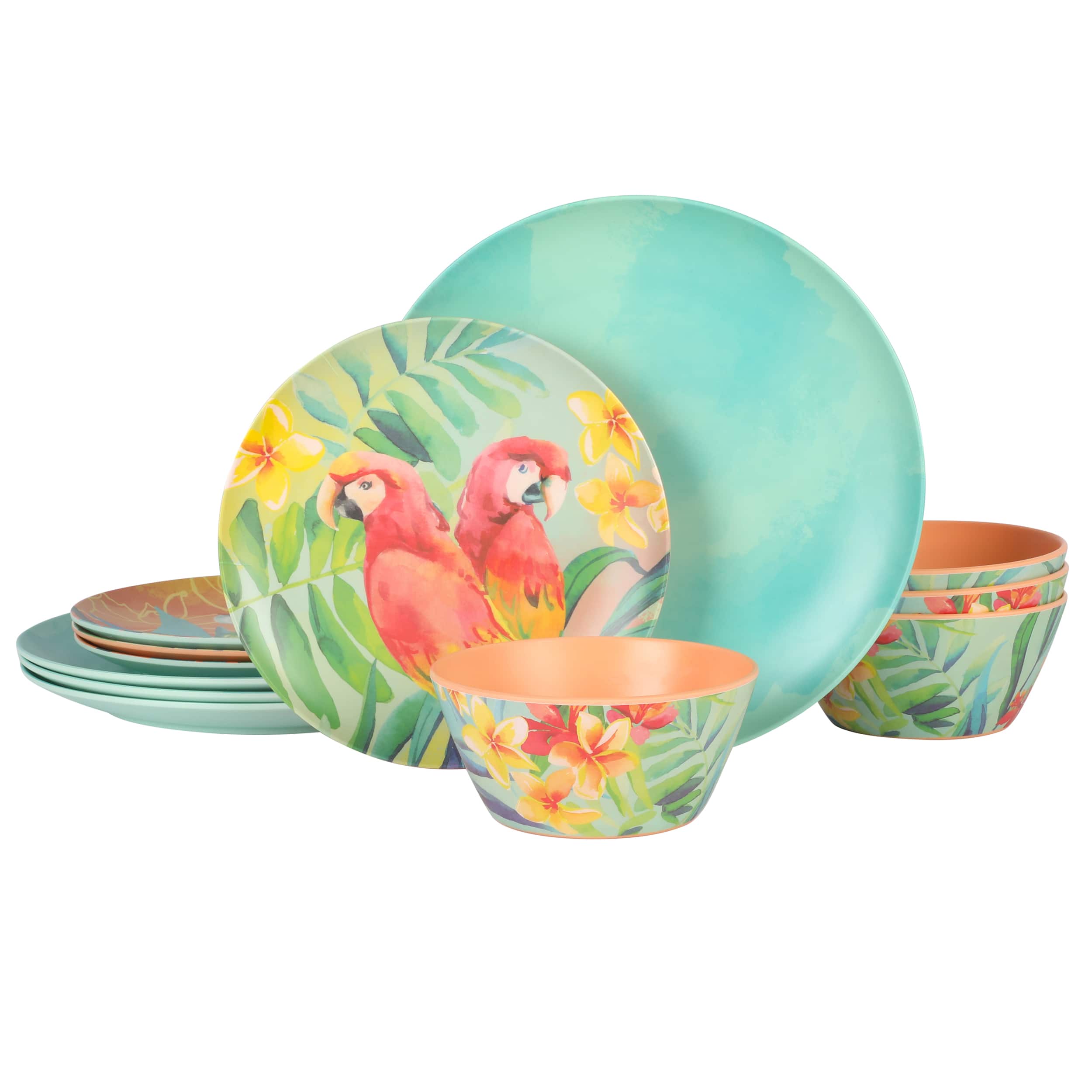 Laurie Gates - Tropical Parrots 12 Piece Melamine Dinnerware Set in Assorted Designs - Multi-Color