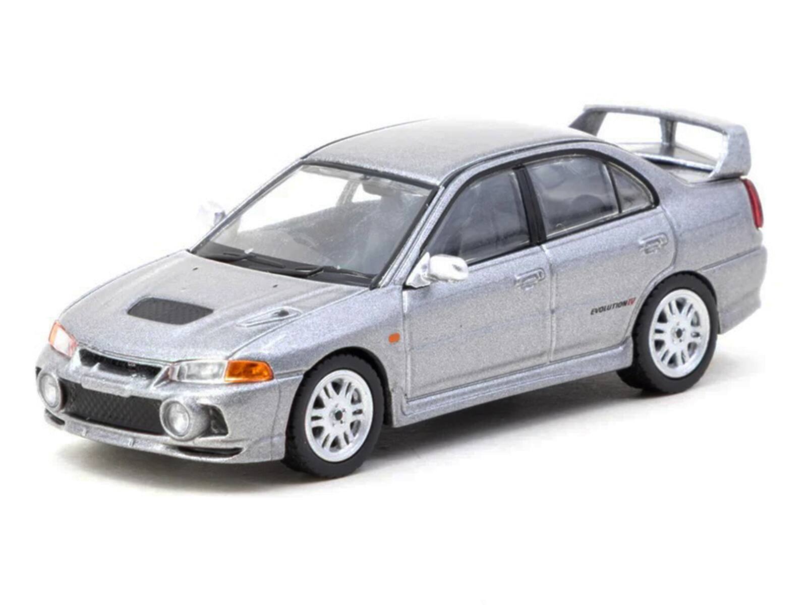 Alt View 1. Tarmac Works - Mitsubishi Lancer Evolution IV Silver Metallic with Tarmac Cards "Global64" Series 1/64 Diecast Model by Tarmac Works.