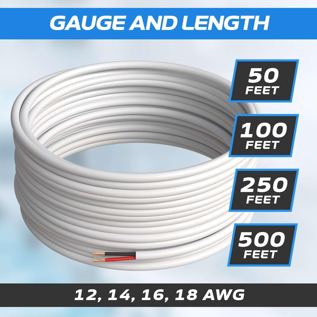 GAUGE AND LENGTH

50 FEET  
100 FEET  
250 FEET  
500 FEET  

12, 14, 16, 18 AWG