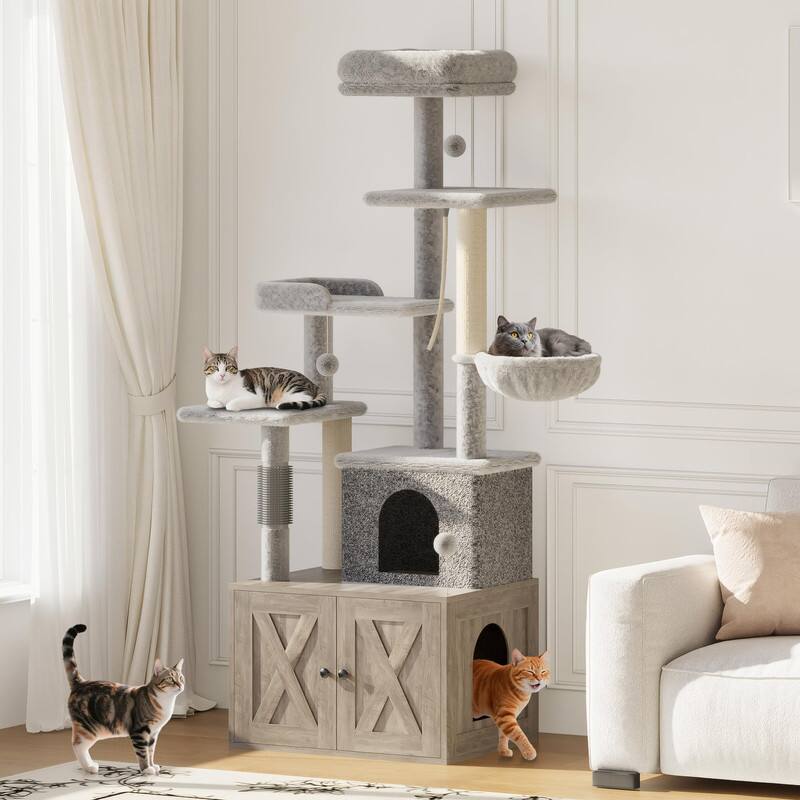 Alt View 4. GARVEE - All-in-One Cat Tree w/Litter Box Enclosure - Modern Cat Tower w/Scratching Posts, Hammock, Condo & Hidden Storage - Gray.