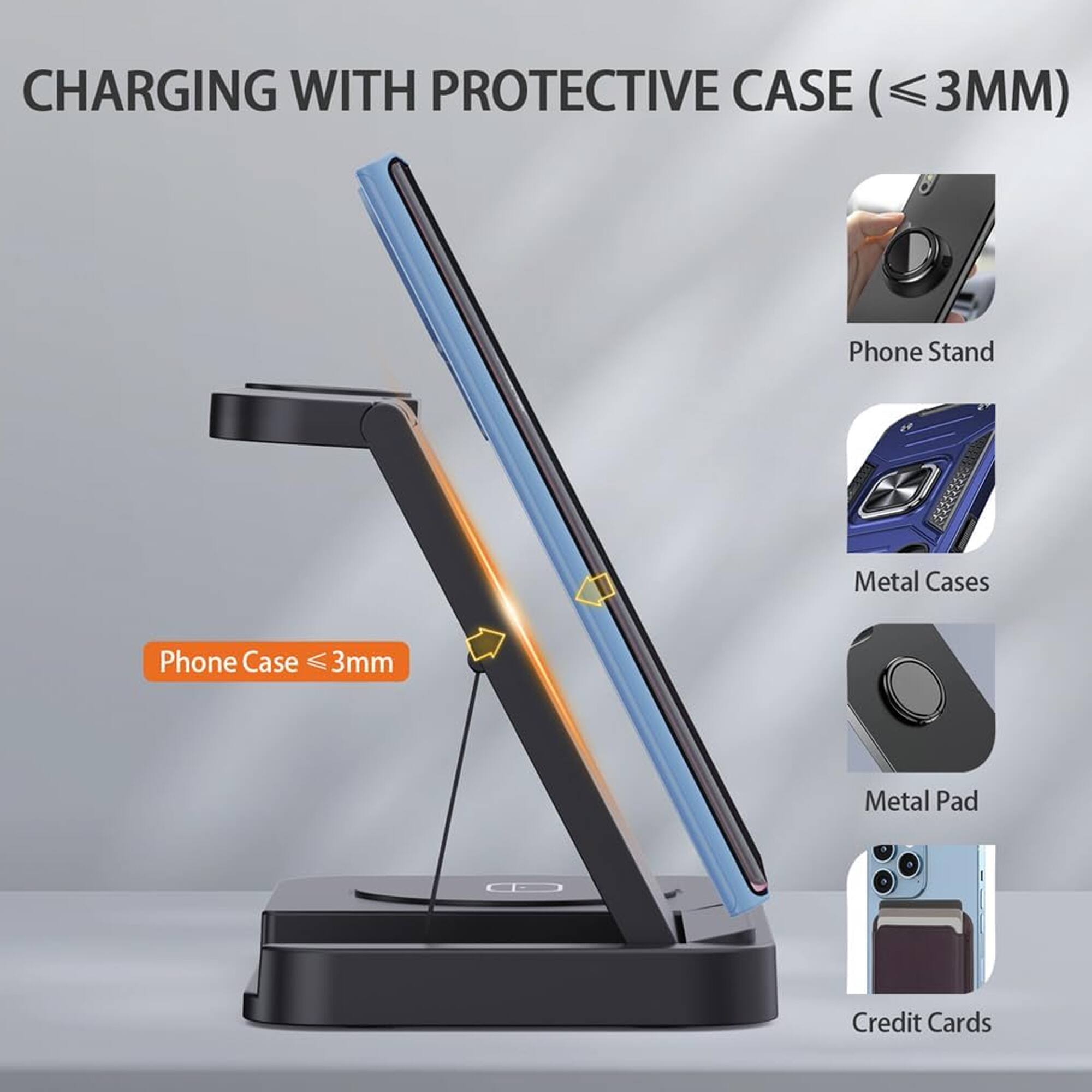 CHARGING WITH PROTECTIVE CASE (≤3MM)

Phone Stand  
Metal Cases  
Metal Pad  
Credit Cards  

Phone Case ≤3mm