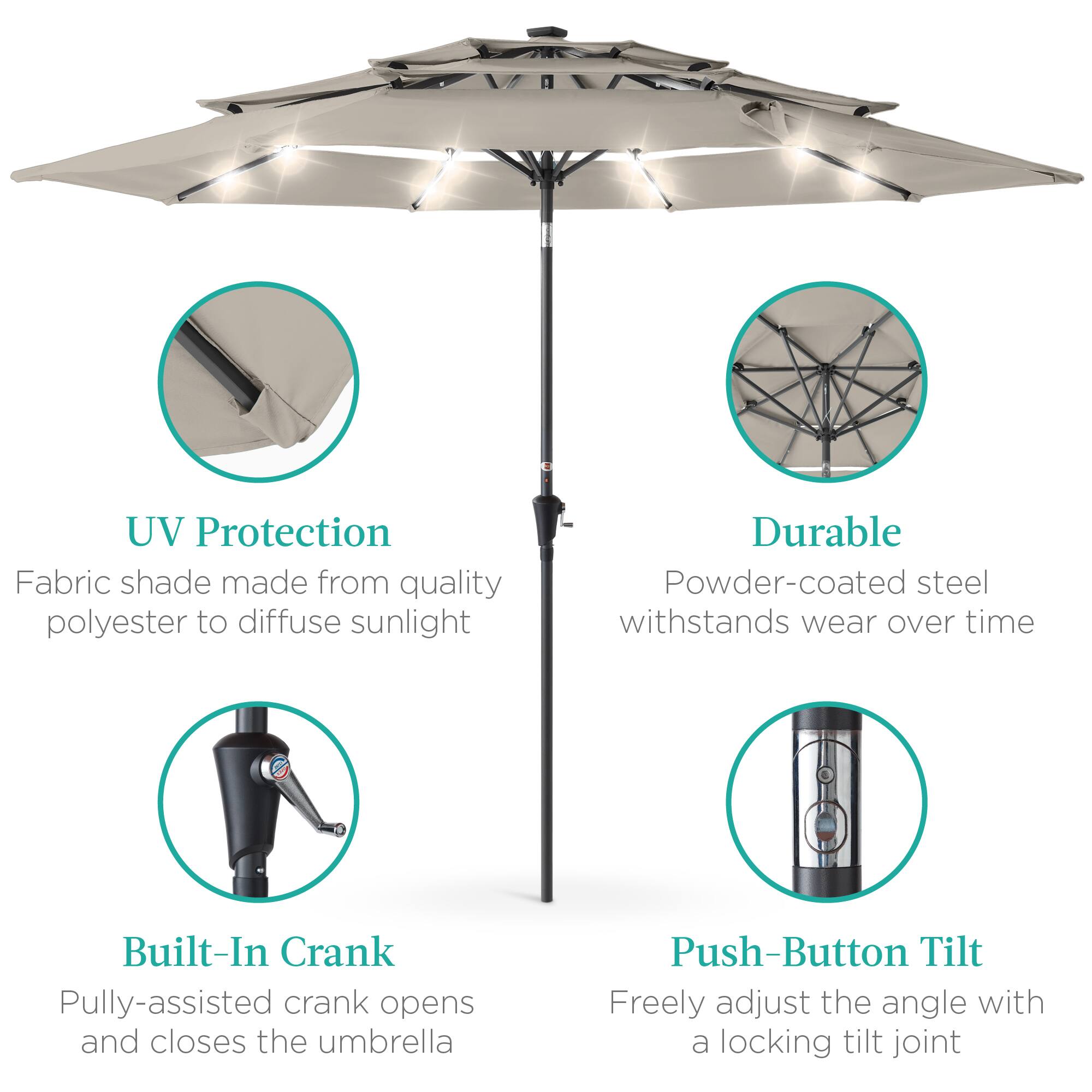 UV Protection  
Fabric shade made from quality polyester to diffuse sunlight  

Durable  
Powder-coated steel withstands wear over time  

Built-In Crank  
Pully-assisted crank opens and closes the umbrella  

Push-Button Tilt  
Freely adjust the angle with a locking tilt joint