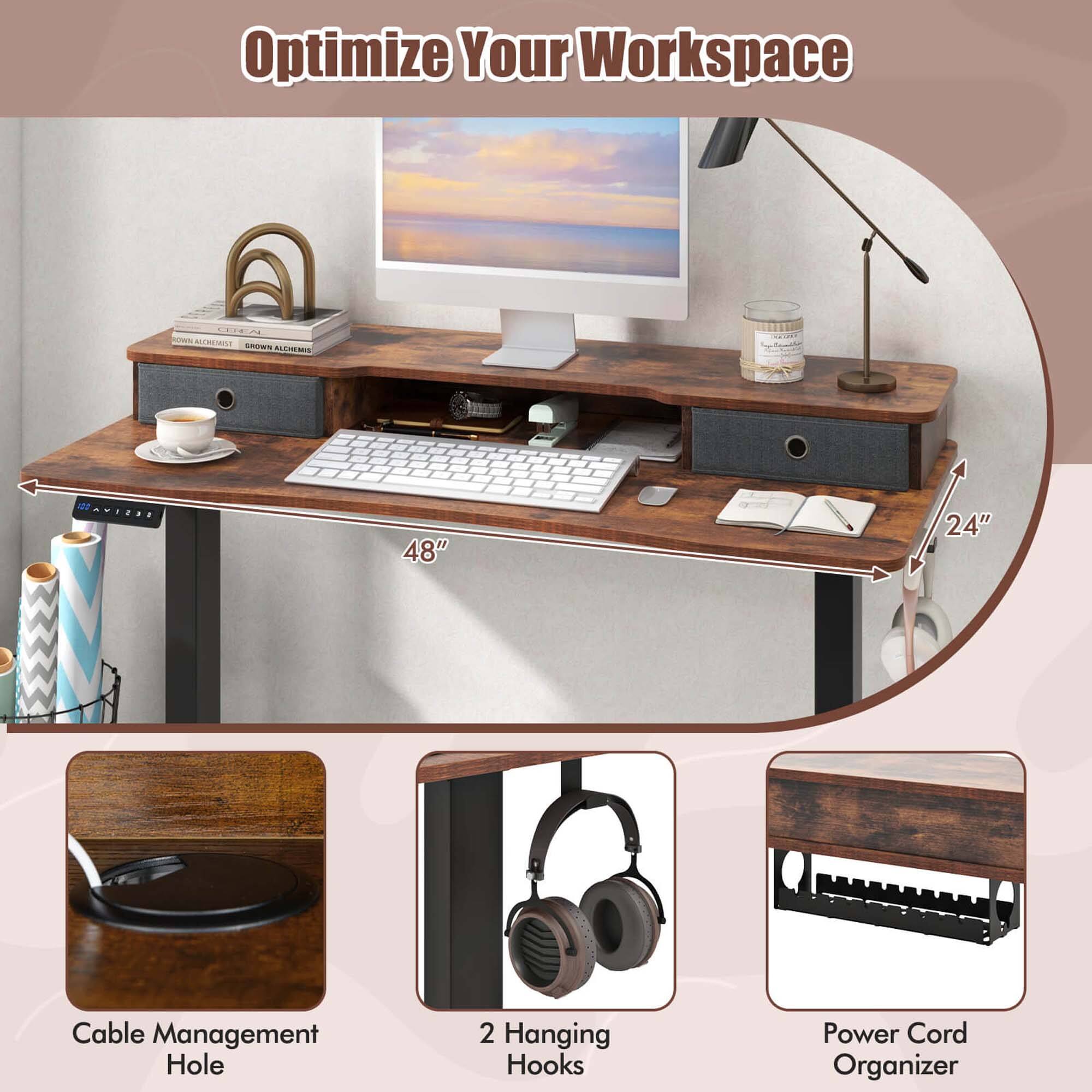 Optimize Your Workspace

- 48" x 24" Cable Management Hole
- 2 Hanging Hooks
- Power Cord Organizer