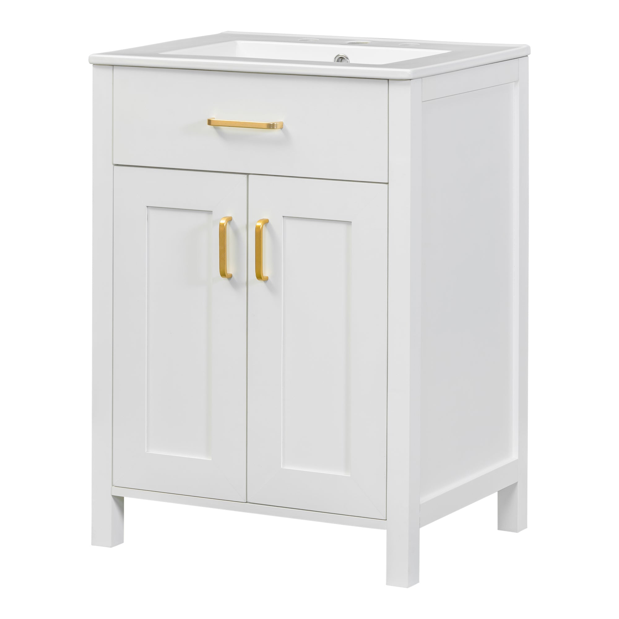 Left. Boyel Living - 48 Inch Double Bathroom Vanity with Dual Ceramic Sinks, Soft-Close Doors, Flip Drawer, Gold Handles, Adjustable Shelf - White.