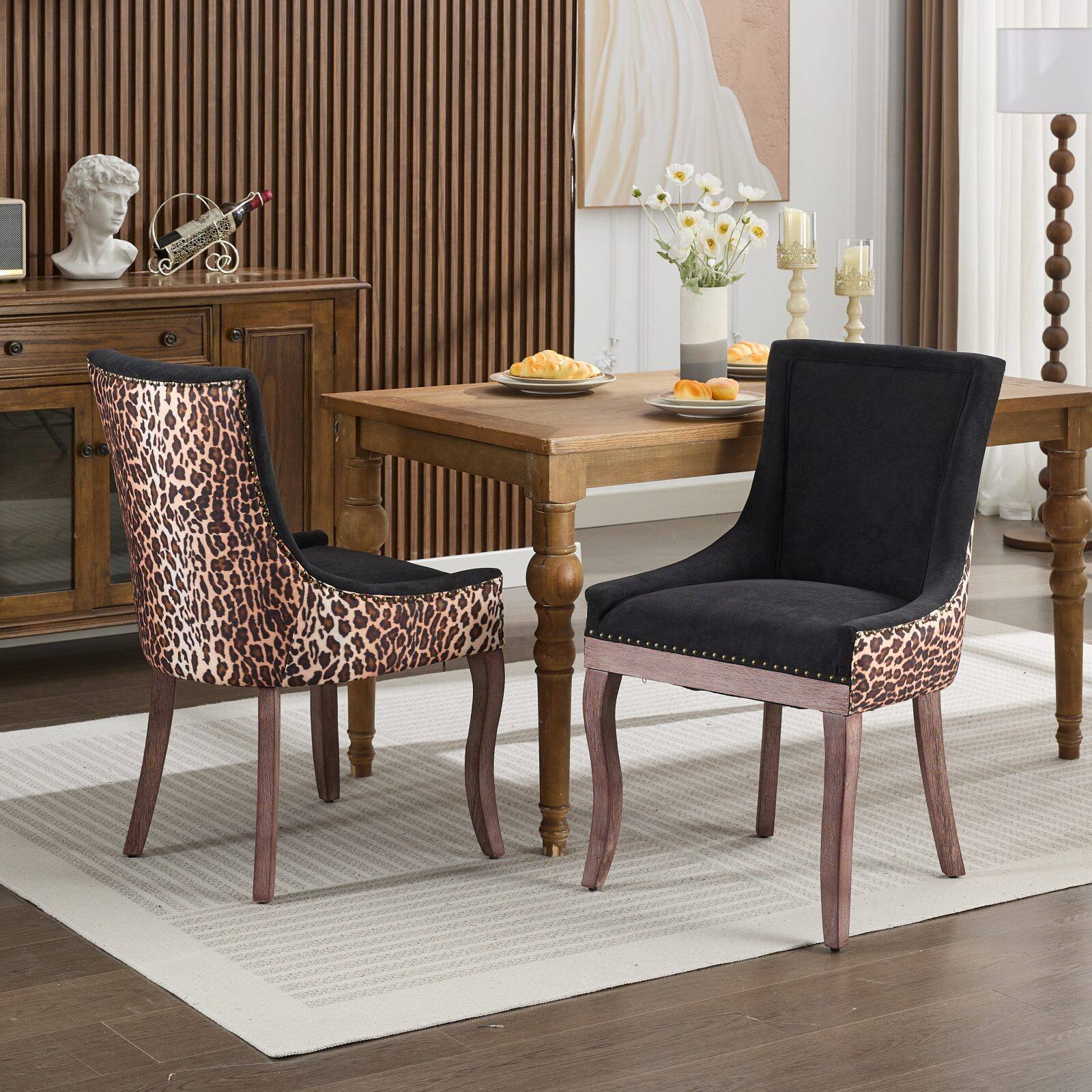 Front. GOODSILO - Ultra Side Dining Chair - Set of 2, Solid Wood Legs, Bronze Nail Head - Leopard.