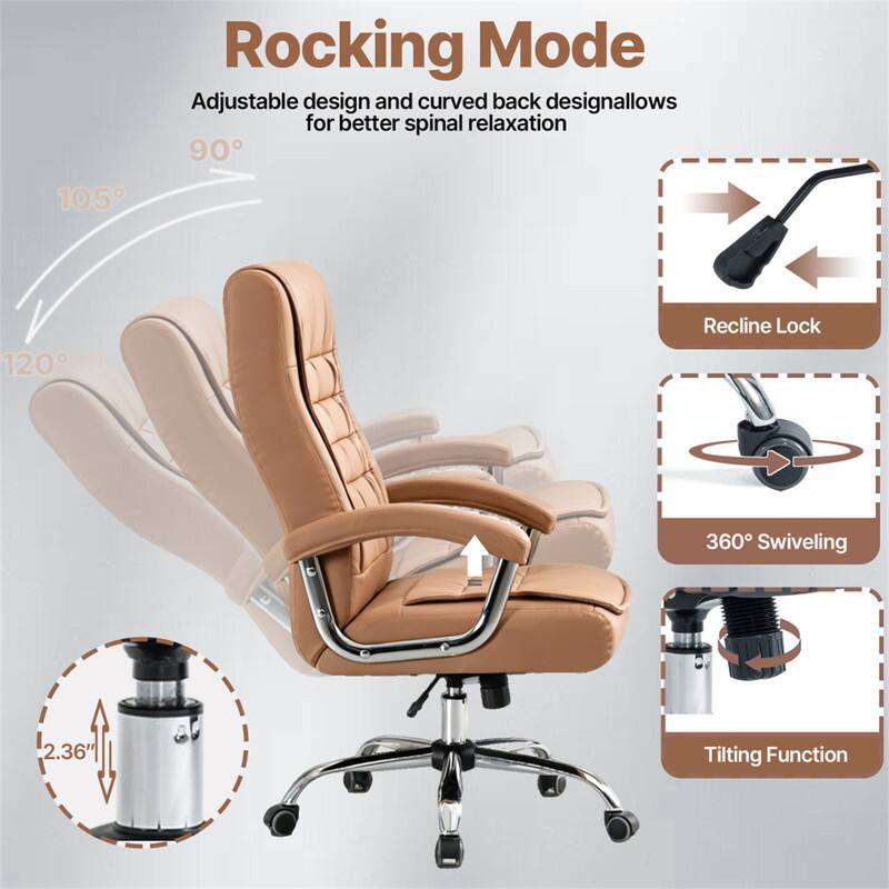 105° Rocking Mode Adjustable design and curved back design allows for better spinal relaxation. 90° - 120° Recline Lock. 360° Swiveling. 2.36" Tilting Function
