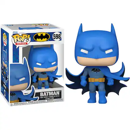 Sure, here is the corrected and grouped text from the image:
**Front of the Box:**
- POP! HEROES
- 598
- BATMAN
- Warner Bros. Consumer Products
- DC Comics
- © & ™ DC Comics
**Top Left Corner:**
- Funko
**Top Right Corner:**
- DC Comics
**Bottom of the Box:**
- WARNING: CHOKING HAZARD - Small parts. Not for children under 3 years.
- © 2020 Warner Bros. Entertainment Inc. All Rights Reserved.
- Made in China
**On the Figure:**
- BATMAN