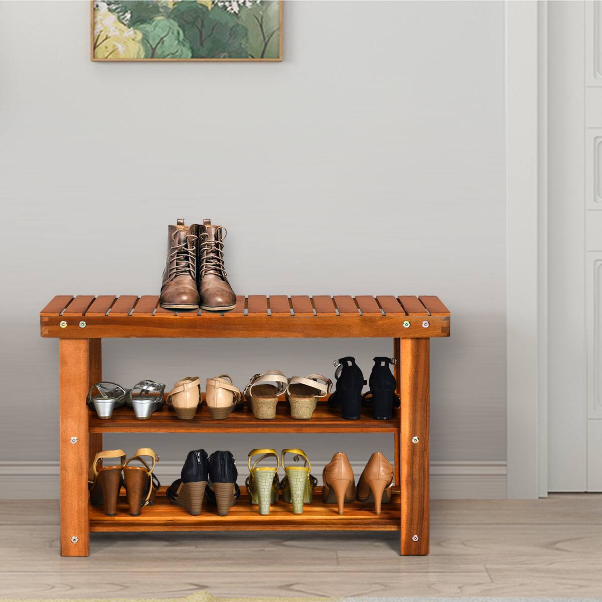 Alt View 10. Ecooso - Freestanding Wood Bench with 3-Tier Storage Shelves - Natural.