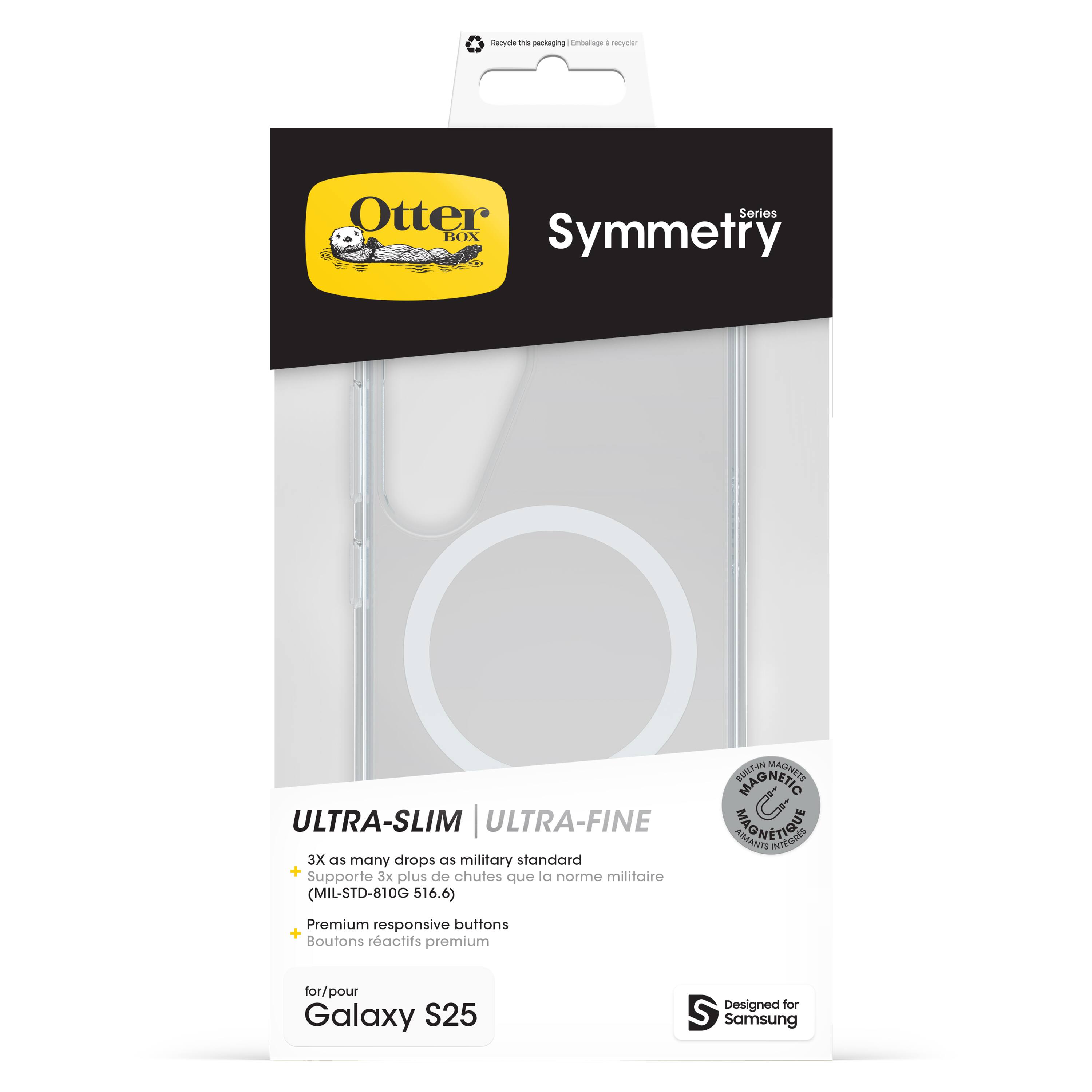 The text on the image is in French, so I will provide the corrected text in French:
* me gdtoging Enbolnge - nyriter Otter Series BOX Symmetry ULTRA-SLIM ULTRA-FINE 3X as many drops as military standard + de la militaire Supporte 3x plus chutes que norme (MIL-STD-810G 516.6) BULTIN MAG MAGINETS AIMANTS EIGNETION INIFORES Premium responsive buttons + Boutons ractifs premium for/pour Galaxy S25 Designed for Samsung.