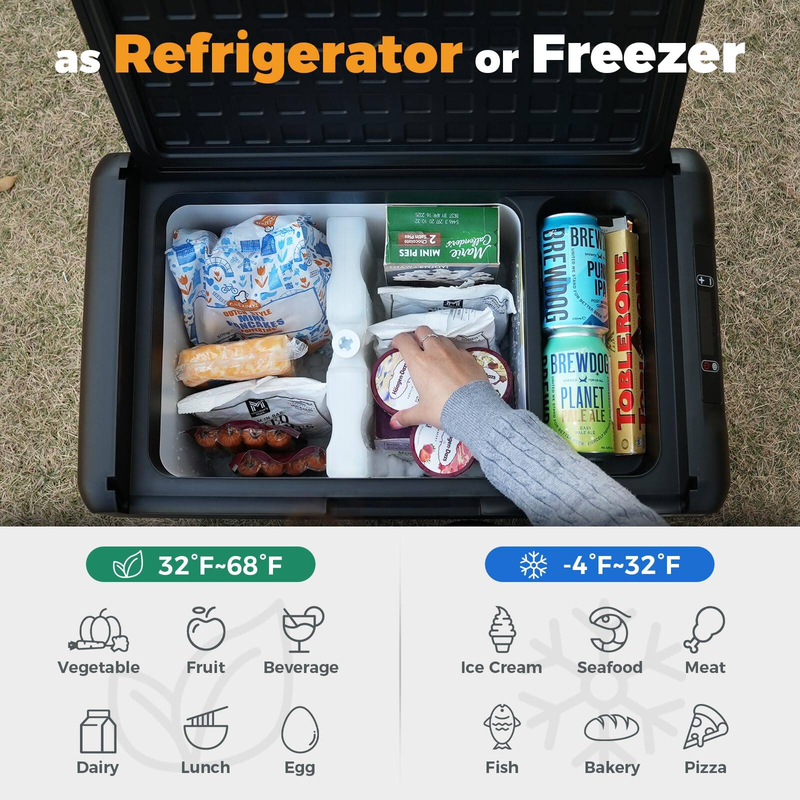 as Refrigerator or Freezer

32°F~68°F
- Vegetable
- Fruit
- Beverage
- Dairy
- Lunch
- Egg

-4°F~32°F
- Ice Cream
- Seafood
- Meat
- Fish
- Bakery
- Pizza
