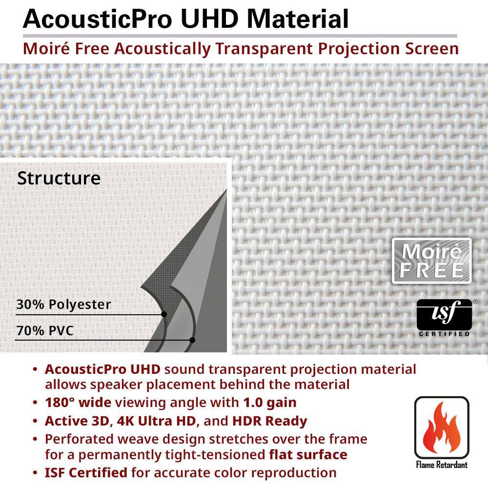AcousticPro UHD Material  
Moiré Free Acoustically Transparent Projection Screen  

Structure  
30% Polyester  
70% PVC  

- AcousticPro UHD sound transparent projection material allows speaker placement behind the material  
- 180° wide viewing angle with 1.0 gain  
- Active 3D, 4K Ultra HD, and HDR Ready  
- Perforated weave design stretches over the frame for a permanently tight-tensioned flat surface  
- ISF Certified for accurate color reproduction  

Flame Retardant  
ISF Certified  
Moiré FREE
