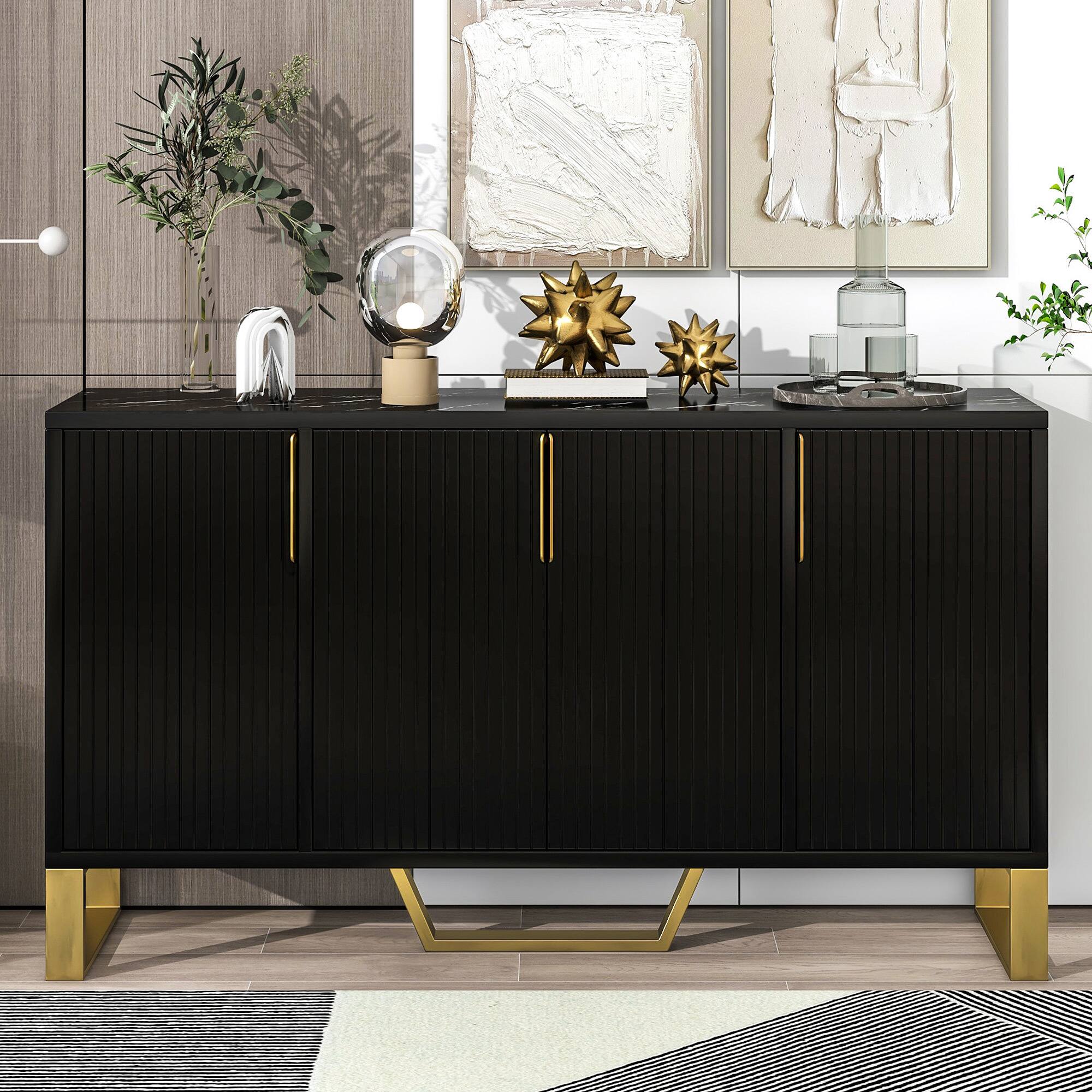 Back. Spaco - Spaco Modern sideboard, Buffet with 4 Doors, Metal handles, Legs and Adjustable Shelves Kitchen Cabinet - Black.