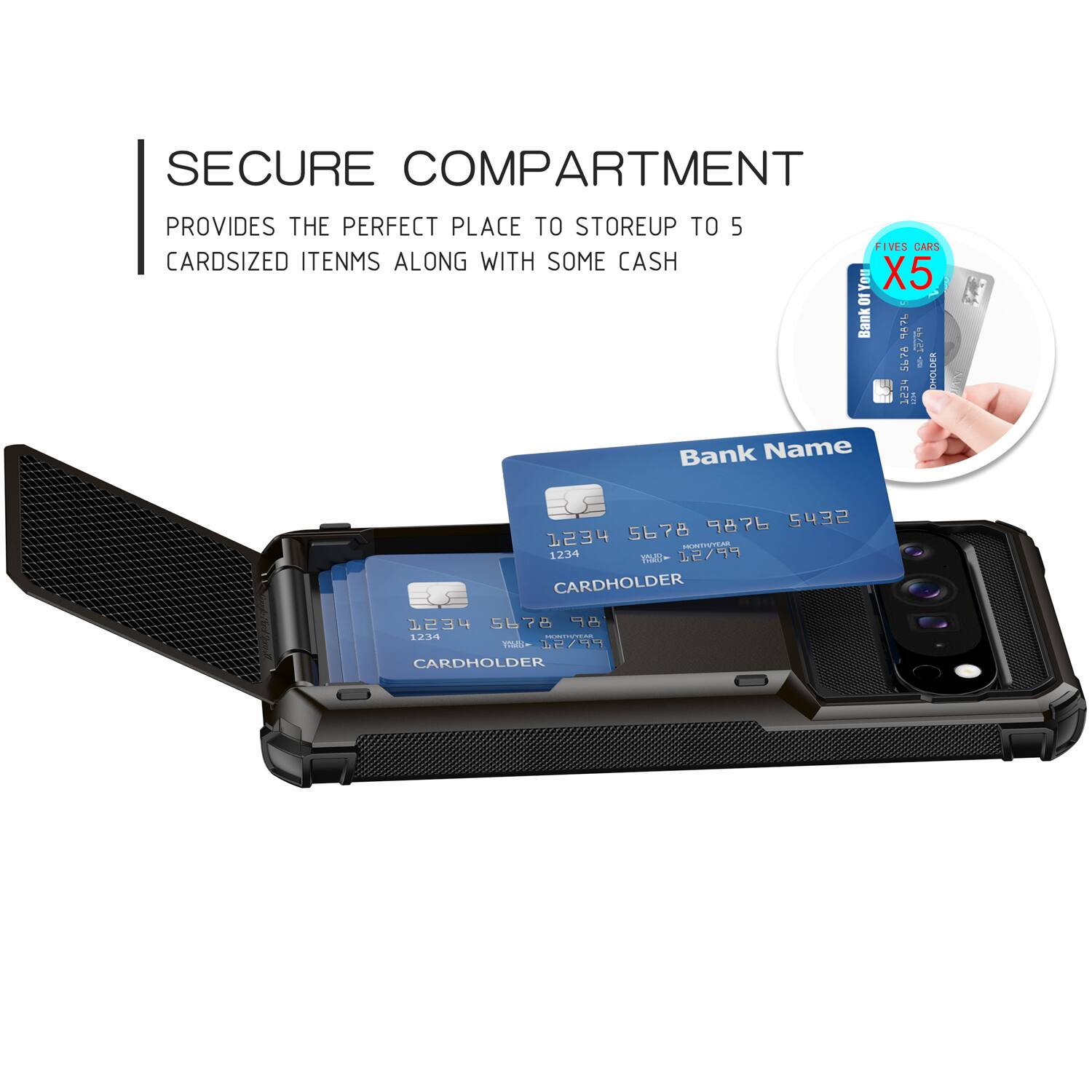 SECURE COMPARTMENT PROVIDES THE PERFECT PLACE TO STORE UP TO 5 CARDSIZED ITEMS ALONG WITH SOME CASH

FIVES CARS X5

Bank Name
1234 5678 9876 5432
VALID 12/99
CARDHOLDER

1234 5678 9876 5432
VALID 12/99
CARDHOLDER