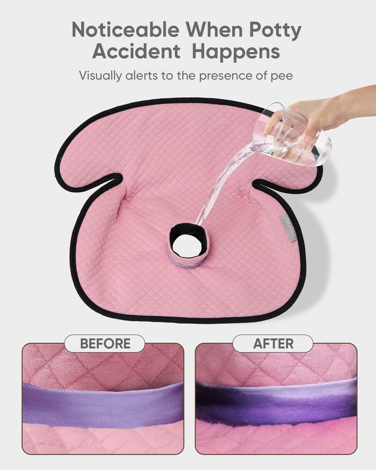 Noticeable When Potty Accident Happens  
Visually alerts to the presence of pee  

BEFORE  
AFTER