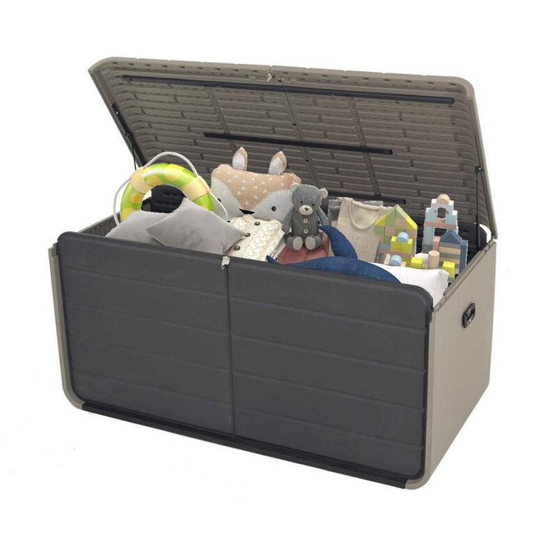 Front. HTUTWOO - Resin Deck Box 160 Gallons - Large Heavy-Duty Waterproof Outdoor Storage Box, Lockable Storage for Tools Pool Supplies - Gray.