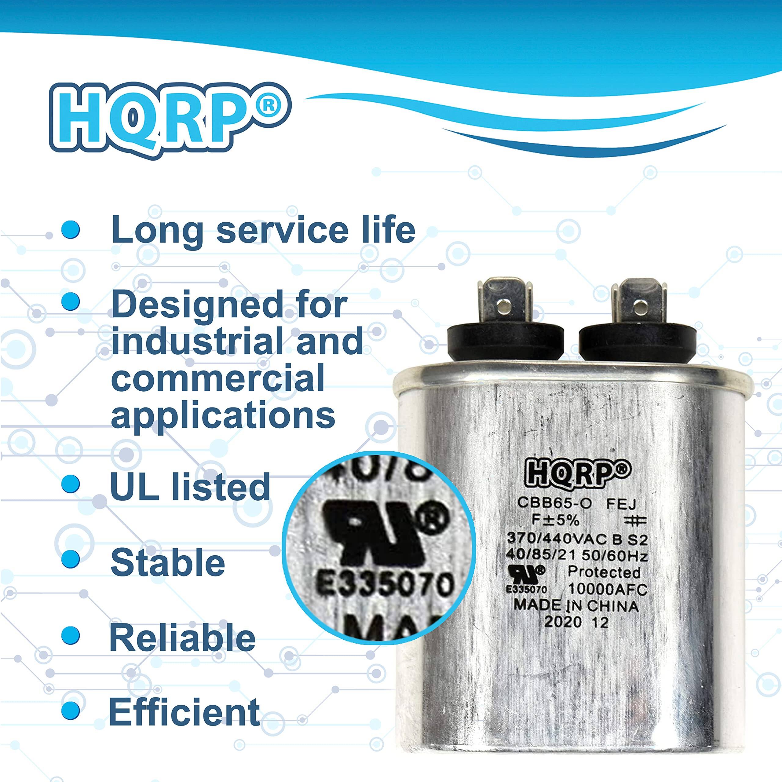 HQRP®

- Long service life
- Designed for industrial and commercial applications
- UL listed
- Stable
- Reliable
- Efficient

CBB65-O FEJ  
F±5%  
370/440VAC 50/60Hz  
40/85/21  
Protected  
E335070  
10000AFC  
MADE IN CHINA  
2020 12