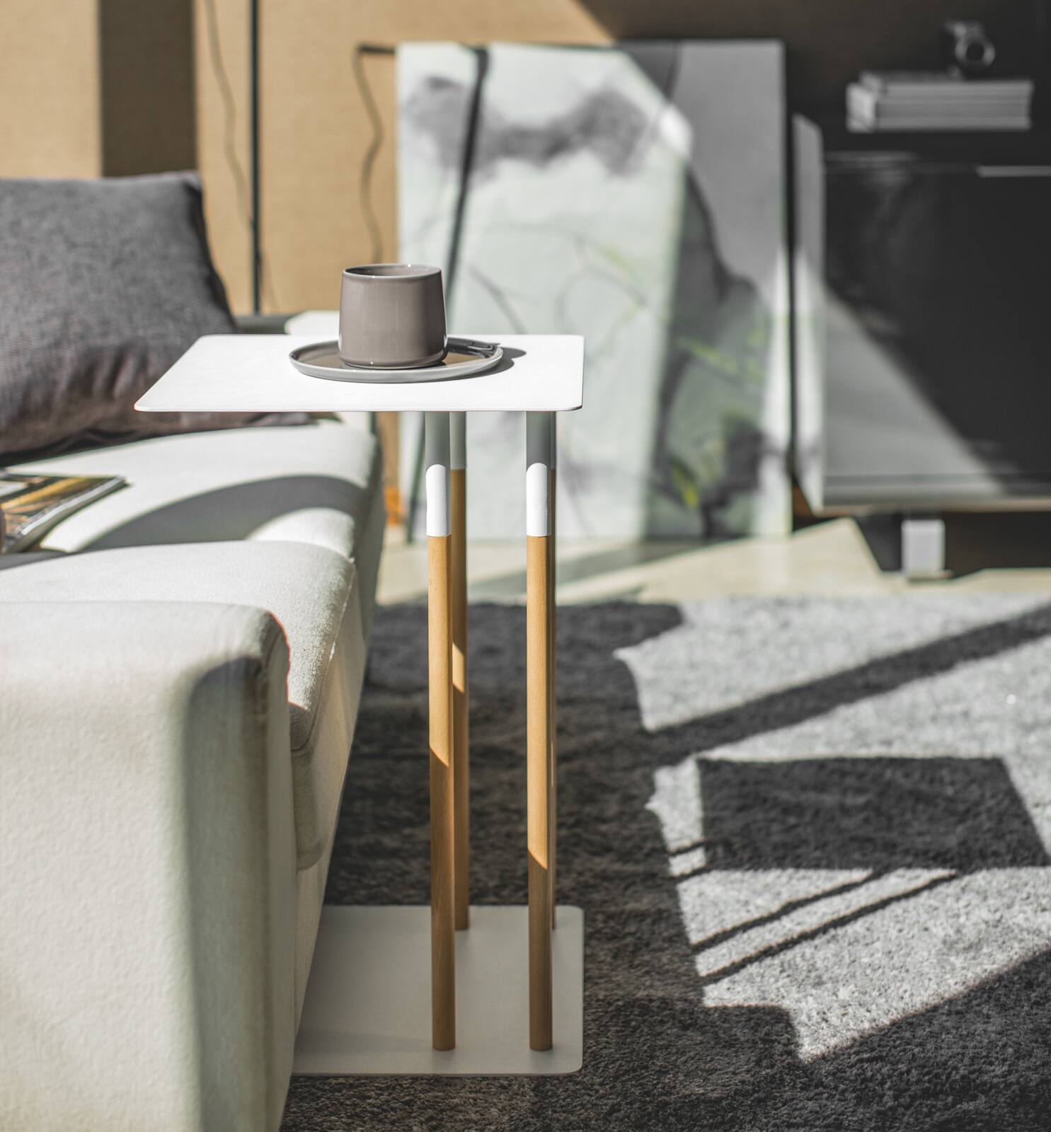 Angle. Yamazaki Home - C Side Table (22" H)  - Steel + Wood - White.