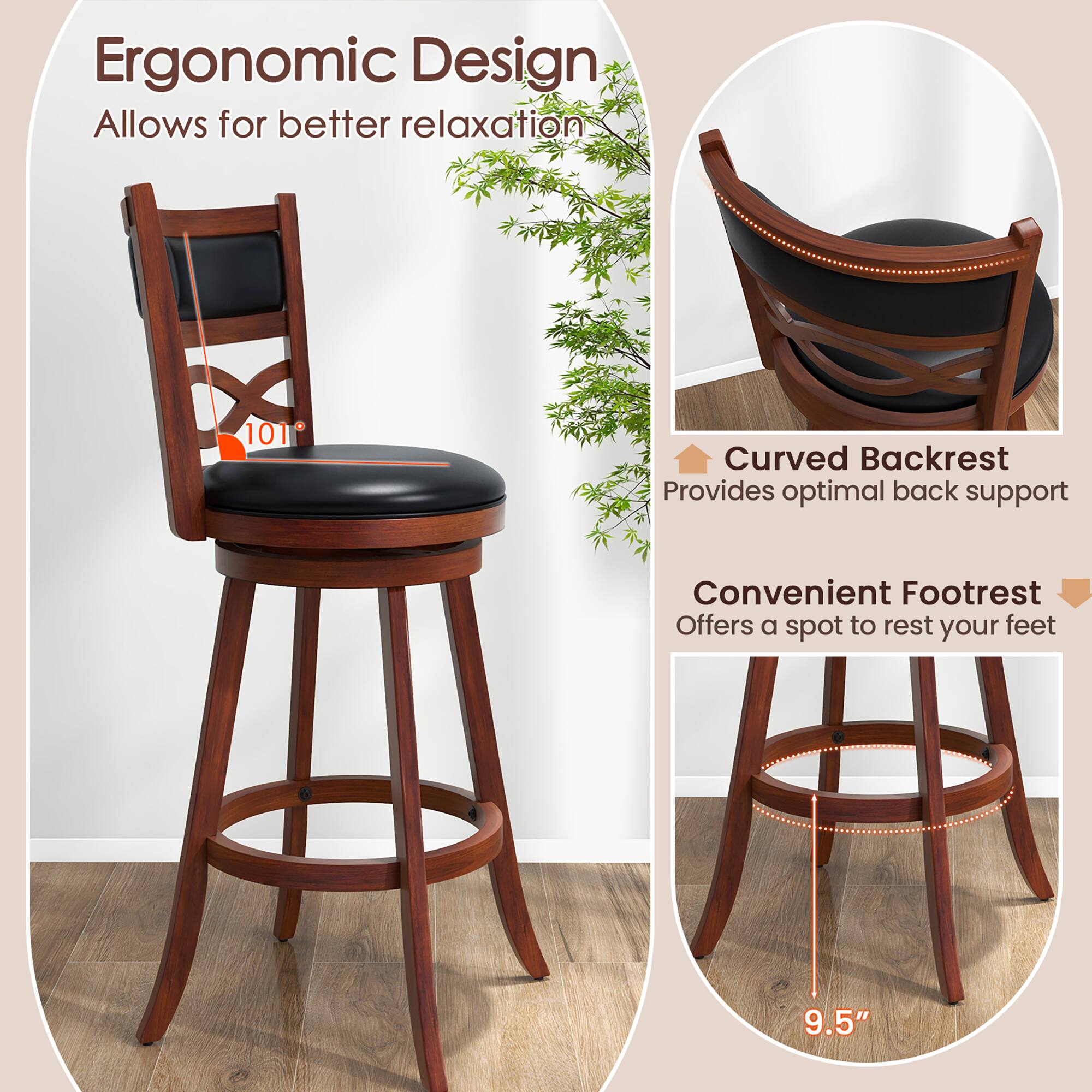 Ergonomic Design, Allows for better relaxation, Curved Backrest, Provides optimal back support, Convenient Footrest, Offers a spot to rest your feet, 9.5"