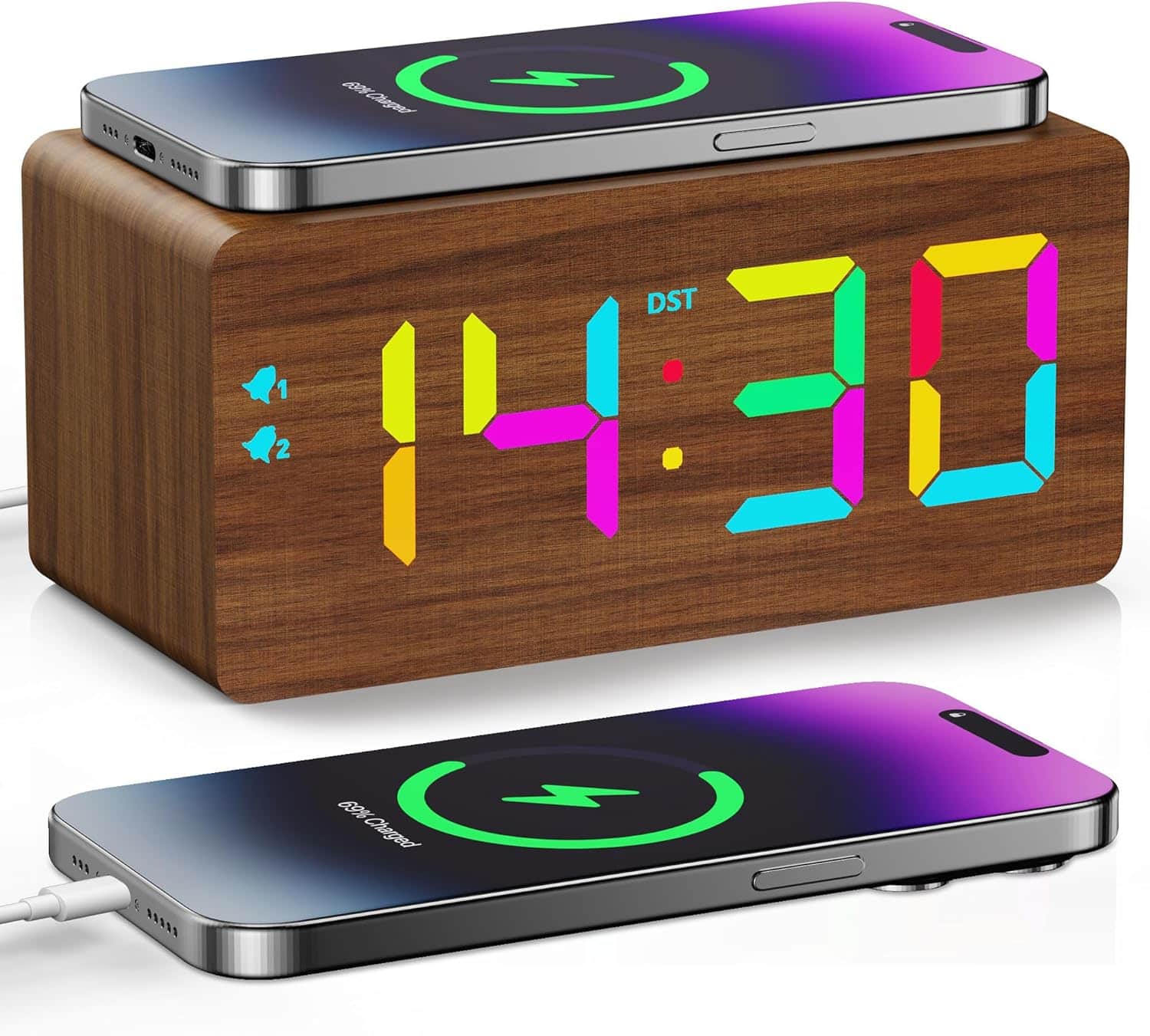 Stamp n Camp - Wood Digital Alarm Clock with 10W Fast Wireless Charger, USB Charging Ports, DST, Dimmable, Snooze, Large Number LED - Brown-rgb