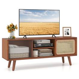 Pefilos - Modern TV Stand with Rattan Glass Sliding Doors, Entertainment Center, TV Cabinet - Brown