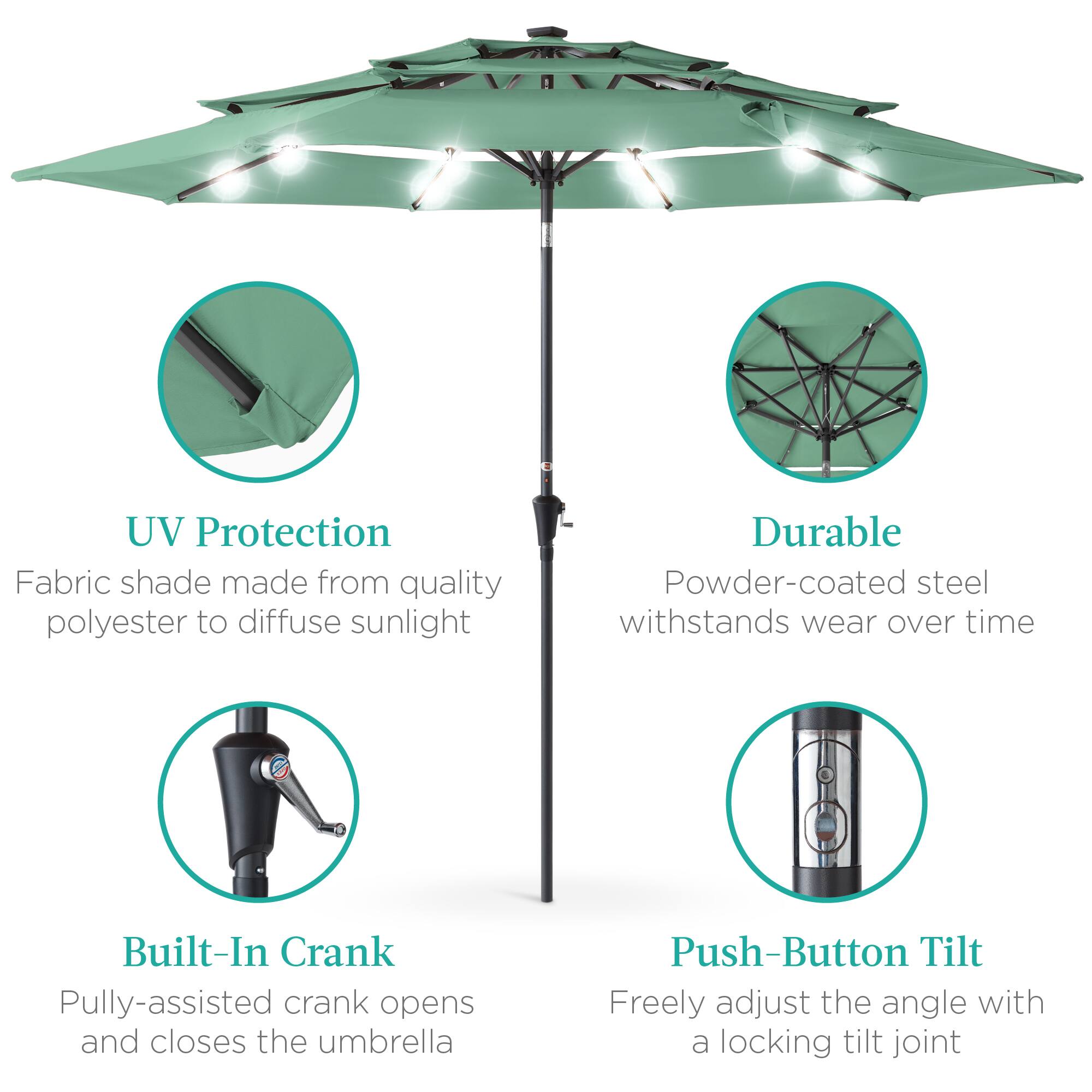 - UV Protection  
  Fabric shade made from quality polyester to diffuse sunlight

- Durable  
  Powder-coated steel withstands wear over time

- Built-In Crank  
  Pully-assisted crank opens and closes the umbrella

- Push-Button Tilt  
  Freely adjust the angle with a locking tilt joint