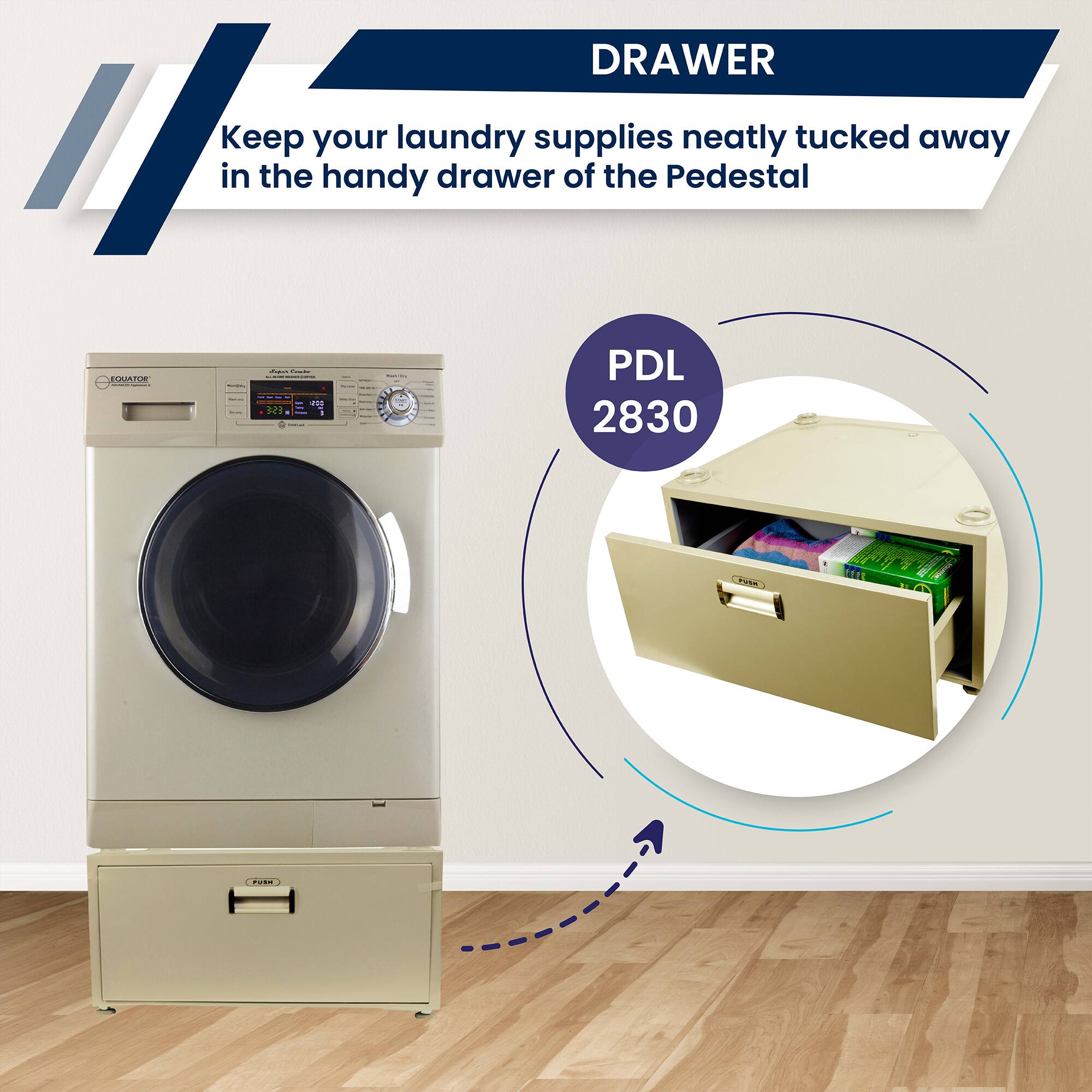 DRAWER  
Keep your laundry supplies neatly tucked away in the handy drawer of the Pedestal  

PDL 2830