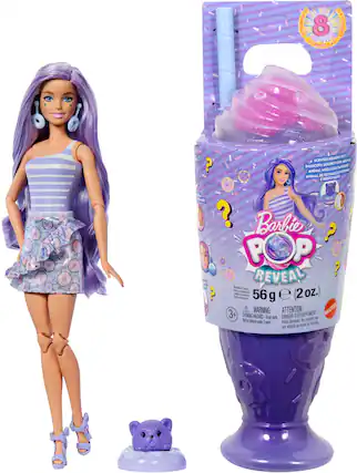 The text on the image is a mix of different languages, making it difficult to group and correct. However, based on the context, it seems to be promoting a Barbie doll and a Squishy Pet, which is a scented stuffed animal. The text also includes a warning about the toy's small parts, and it is made in China. The image features a doll and a stuffed animal, which are the main subjects of the advertisement.