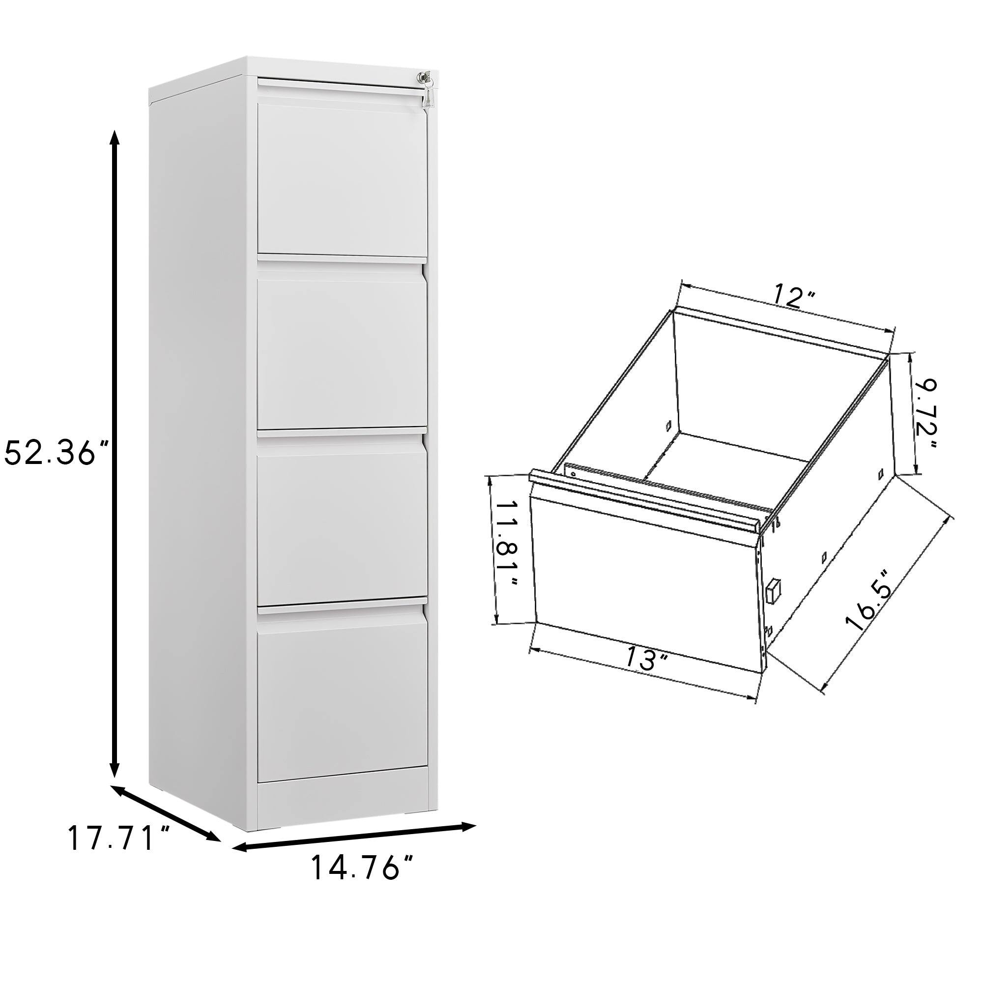 - Height: 52.36"
- Width: 14.76"
- Depth: 17.71"
- Drawer 1: 13" x 11.81" x 9.72"
- Drawer 2: 16.5" x 12"