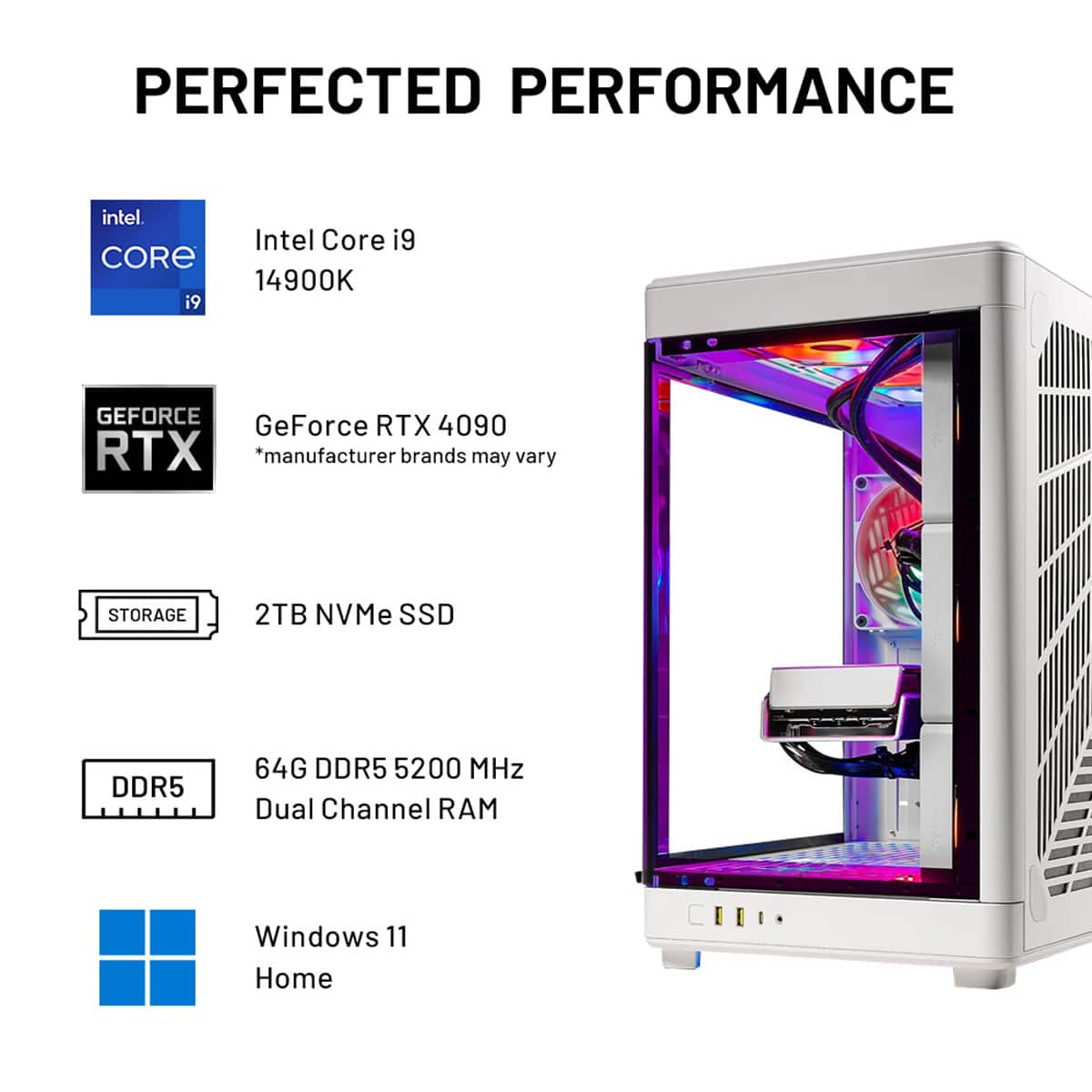 PERFECTED PERFORMANCE: Intel Core i9 14900K, GeForce RTX 4090, 2TB NVMe SSD, DDR5 64G DDR5 5200 MHz Dual Channel RAM, Windows 11 Home.