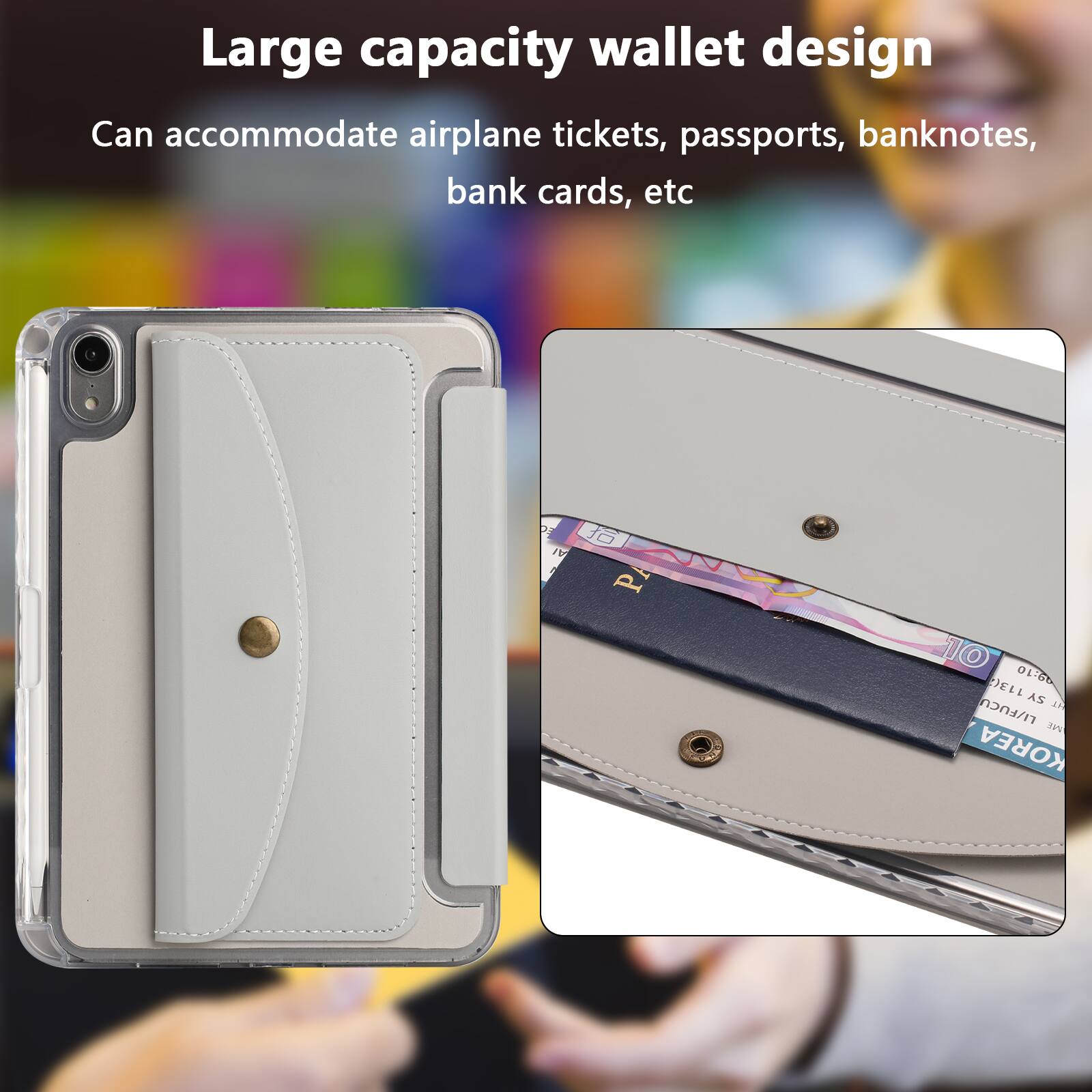 Large capacity wallet design  
Can accommodate airplane tickets, passports, banknotes, bank cards, etc