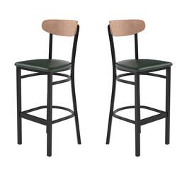 Emma + Oliver - Yara Industrial Barstool with Rolled Steel Frame and Solid Wood Seat - 500 lbs. Static Weight Capacity - Natural Birch Wood Back/Green Vinyl Seat