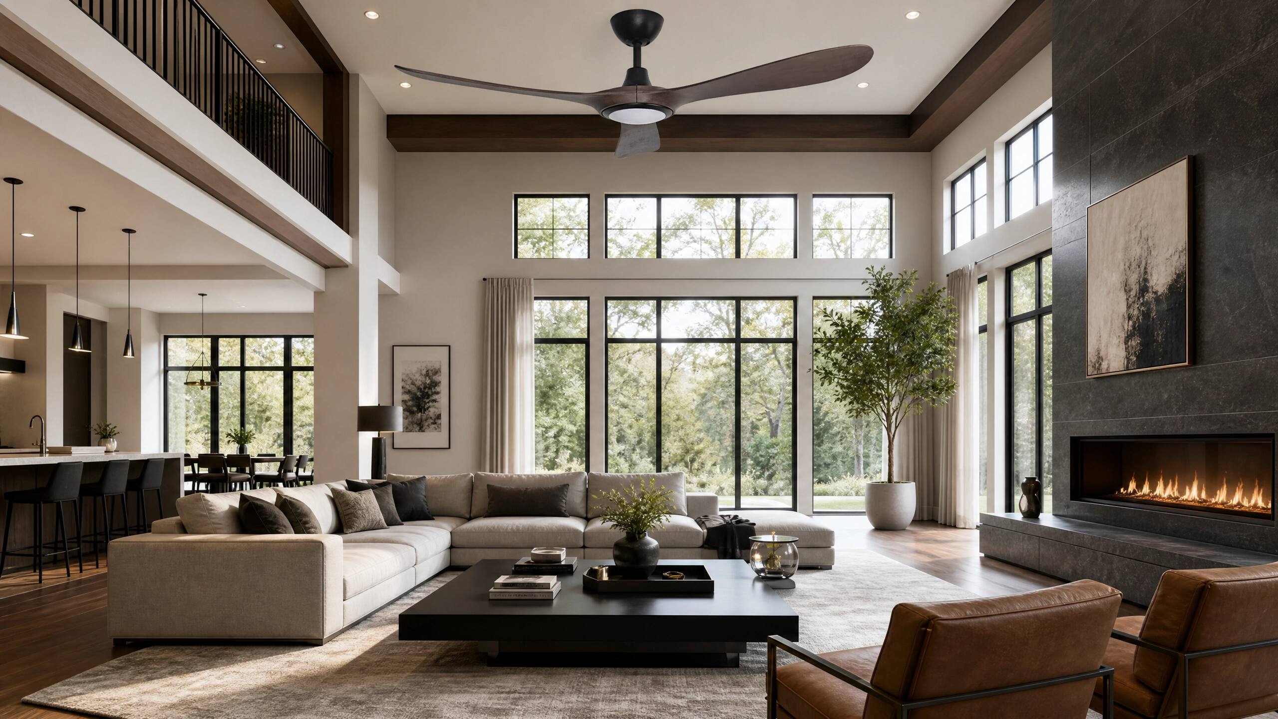 Back. ENLIGHT - 60" Smart Ceiling Fan, IP66 Outdoor/Coastal, CCT & Dimmable LED, Durable, Efficient + Quiet DC Motor, Matter, 3 Blades - Walnut Woodgrain.