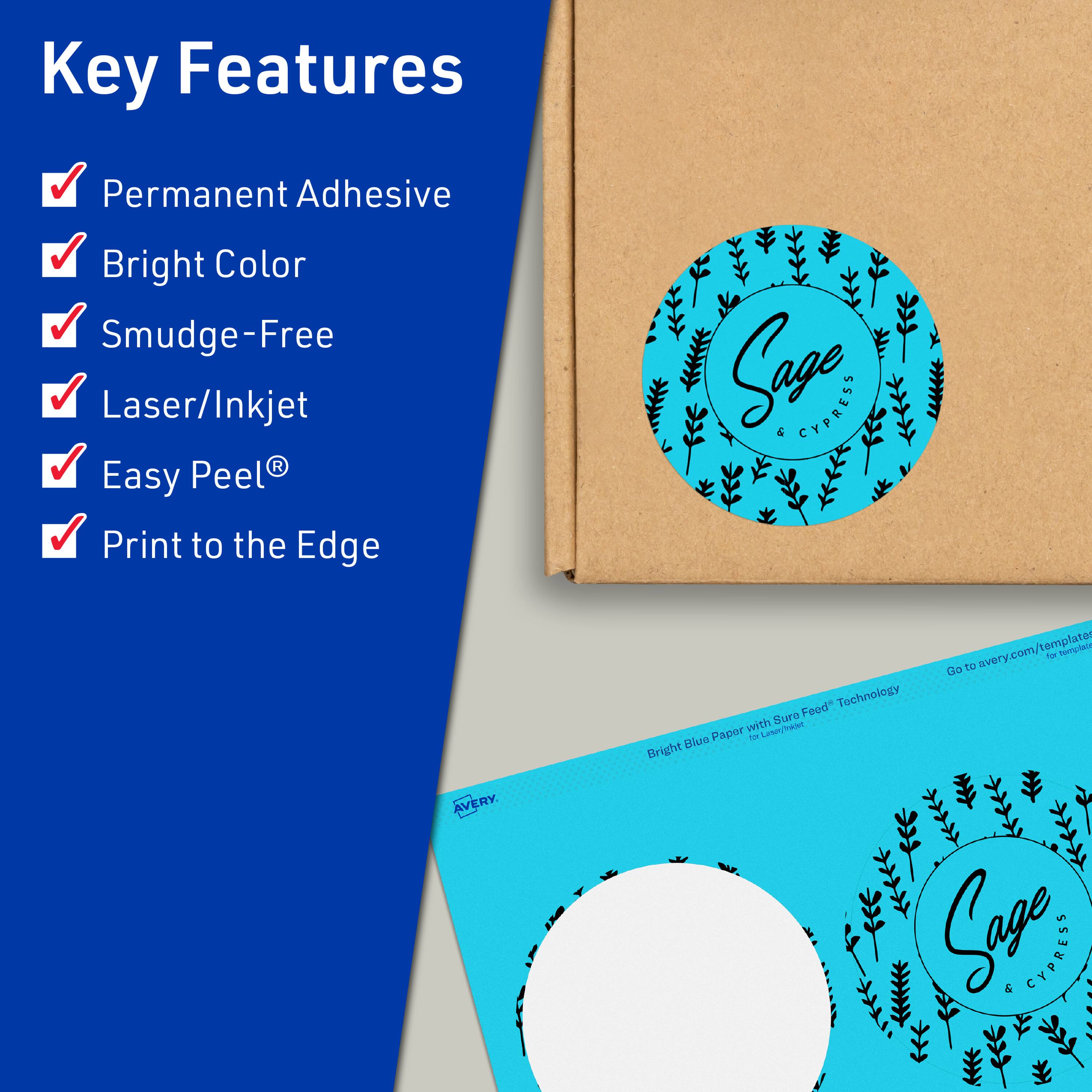 Key Features  
- Permanent Adhesive  
- Bright Color  
- Smudge-Free  
- Laser/Inkjet  
- Easy Peel®  
- Print to the Edge  

Sage & CYPRESS  

avery.com/template  
Go to avery.com/templates  

Bright Blue Paper with Sure Feed™ Technology for Laser/Inkjet  

AVERY