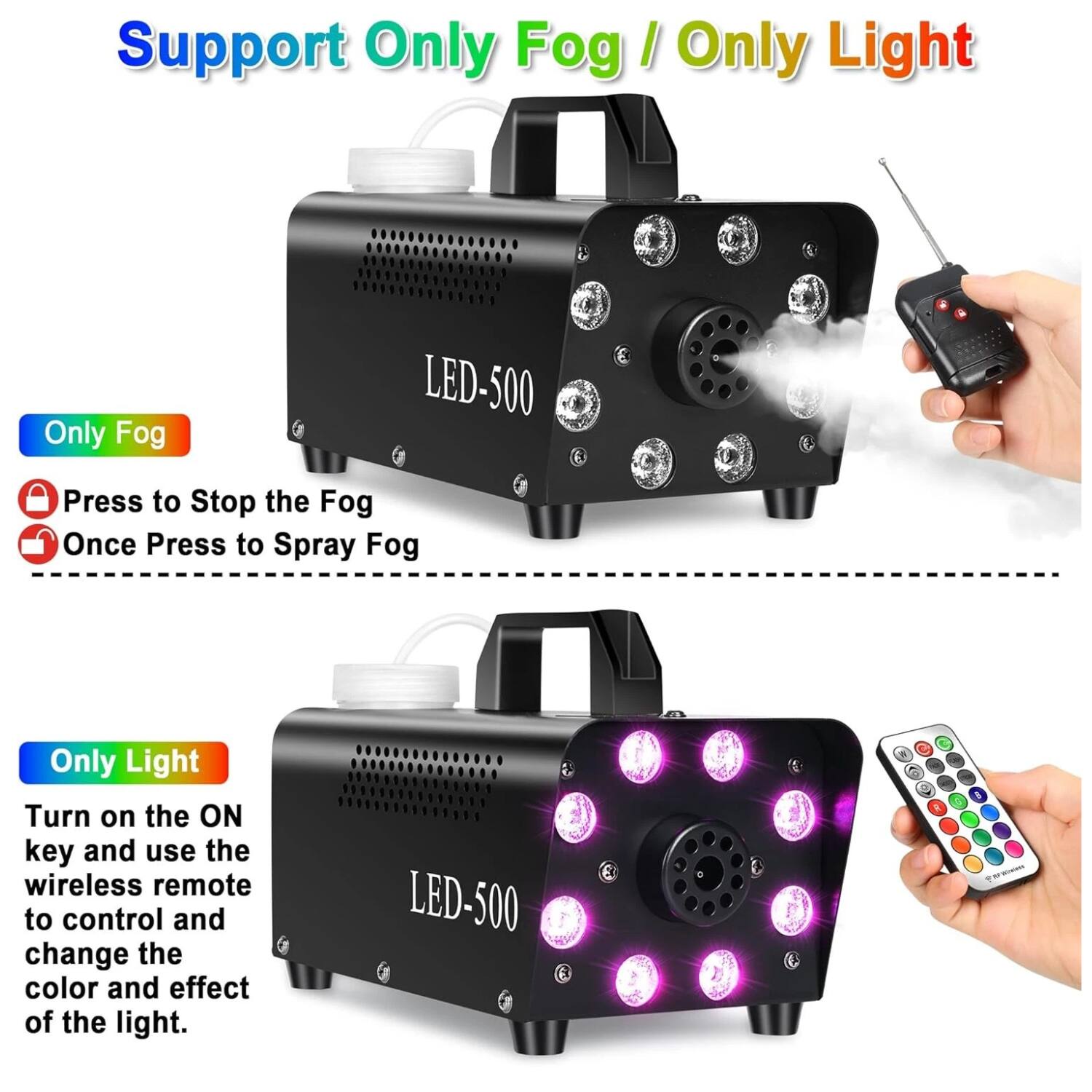 Support Only Fog / Only Light

Only Fog
- Press to Stop the Fog
- Once Press to Spray Fog

Only Light
- Turn on the ON key and use the wireless remote to control and change the color and effect of the light.