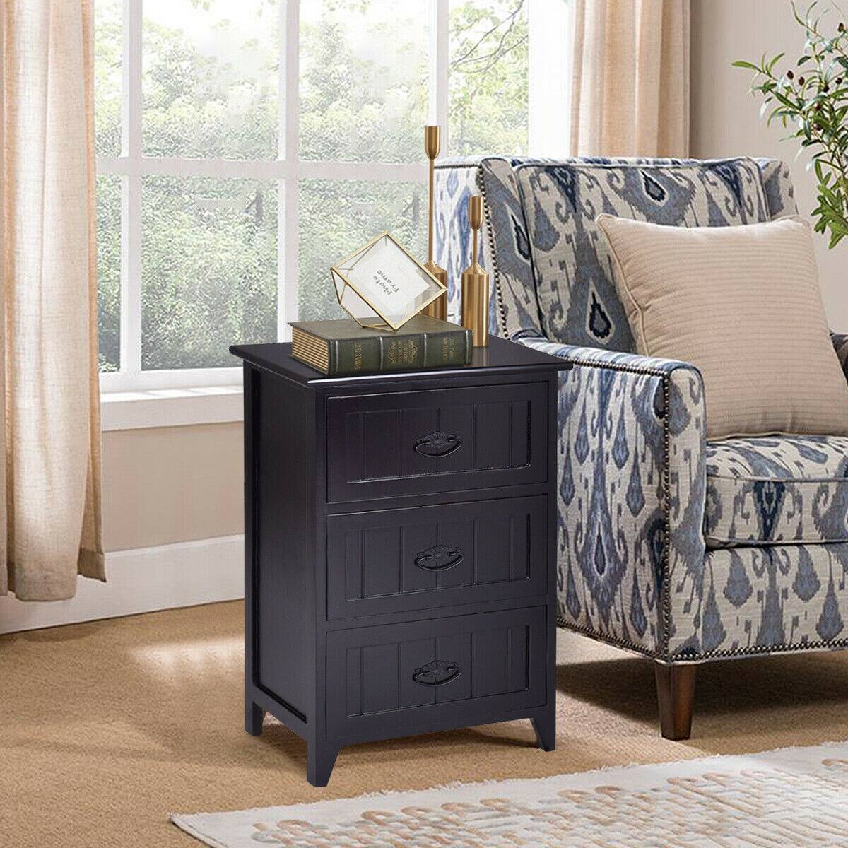 Alt View 14. Costway - 3 Drawers Nightstand End Table Storage Wood Side Bedside - Black.