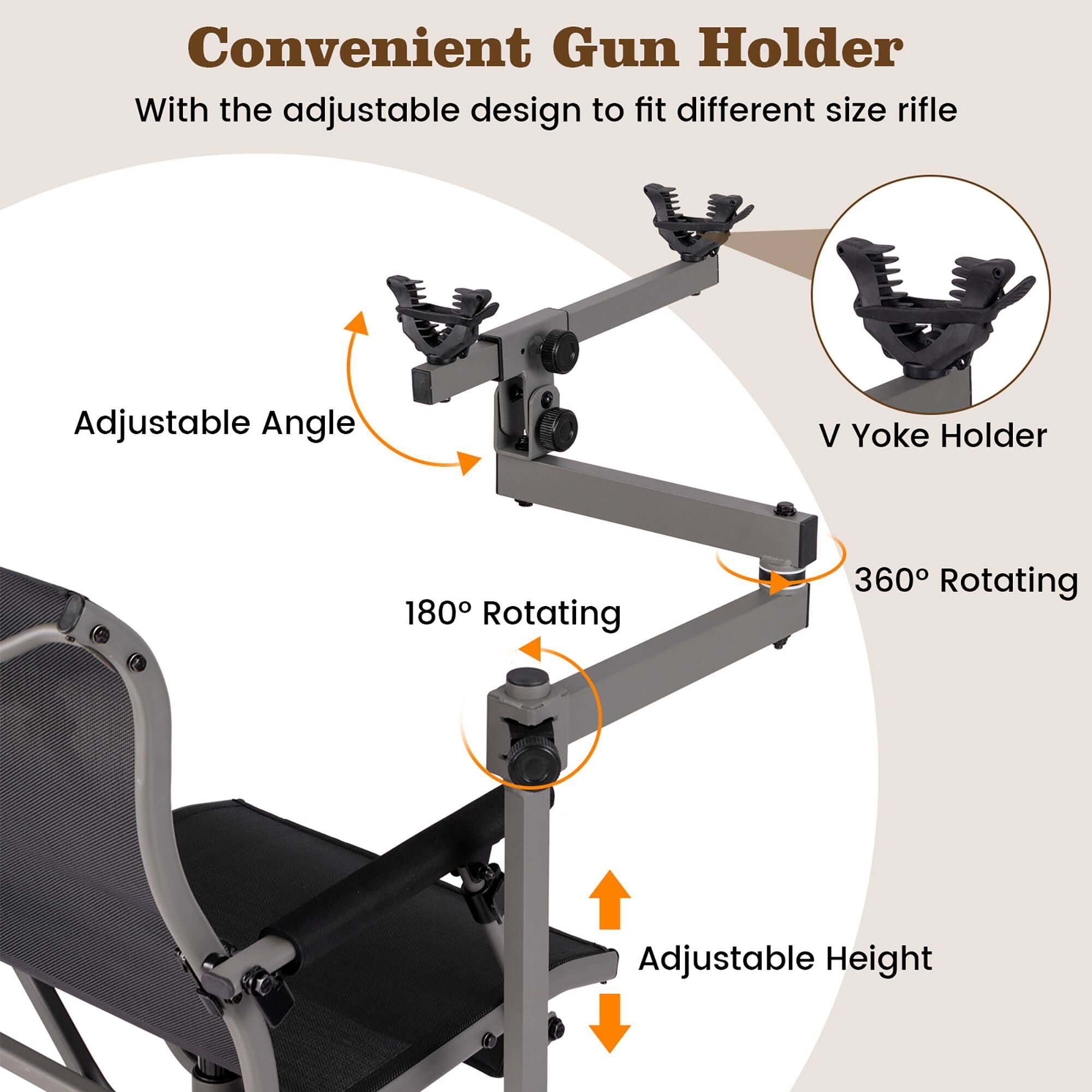 Convenient Gun Holder  
With the adjustable design to fit different size rifle  

- Adjustable Angle  
- V Yoke Holder  
- 180° Rotating  
- 360° Rotating  
- Adjustable Height