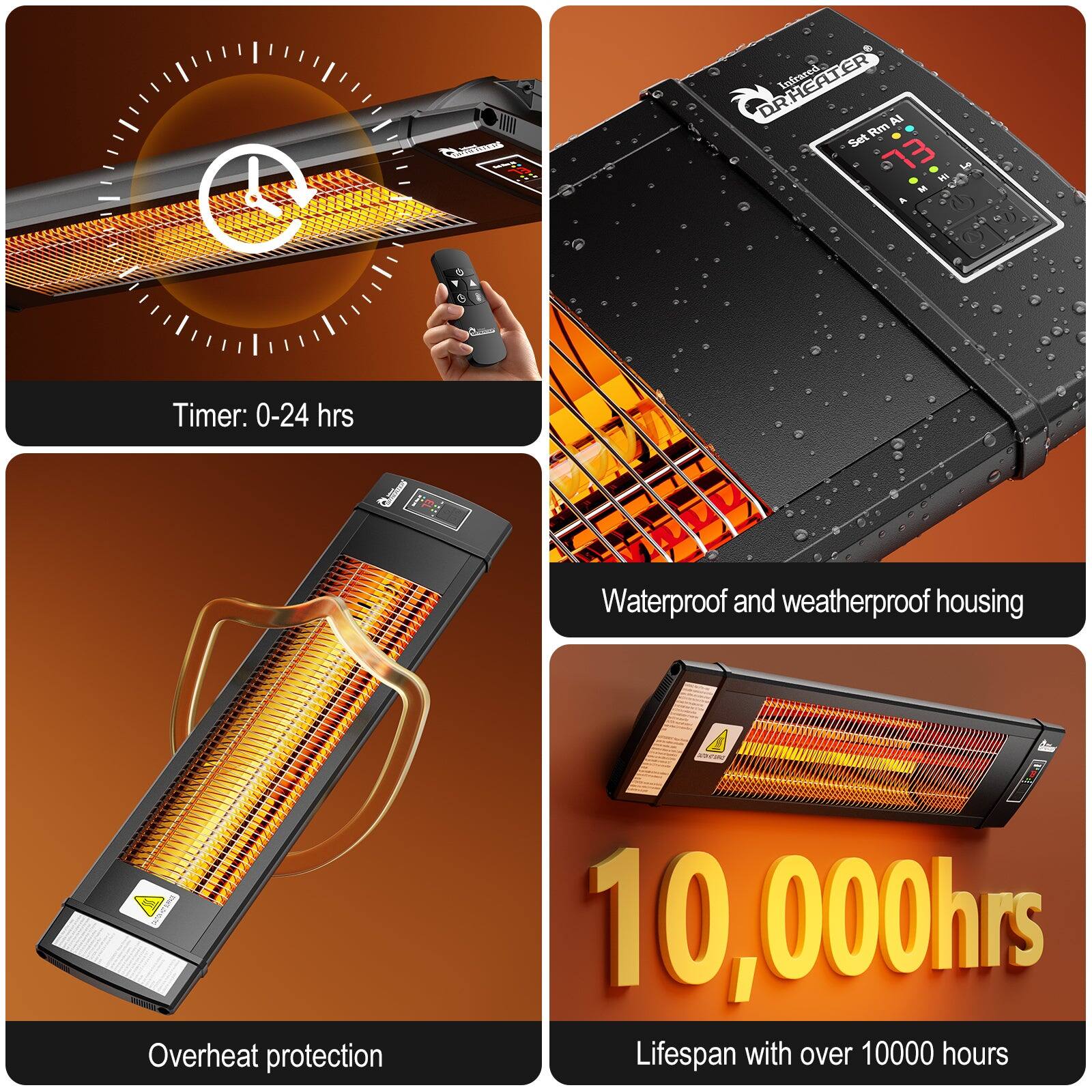 - DR. HEATER Infrared All Purpose Set
- Timer: 0-24 hrs
- Waterproof and weatherproof housing
- Overheat protection
- Lifespan with over 10,000 hours