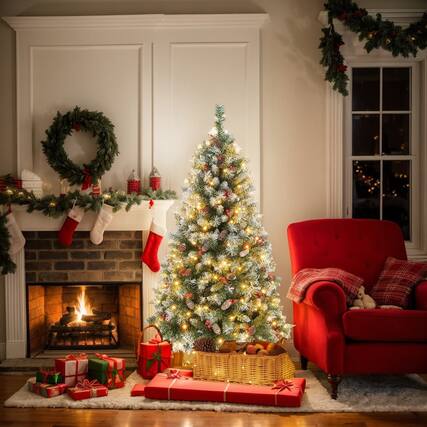 Front. Kadyn - Home Party Christmas Tree Decorations,Hinged Christmas Tree with 450 PVC Branch Tips and 200 Warm White LED Lights-5ft - Green.